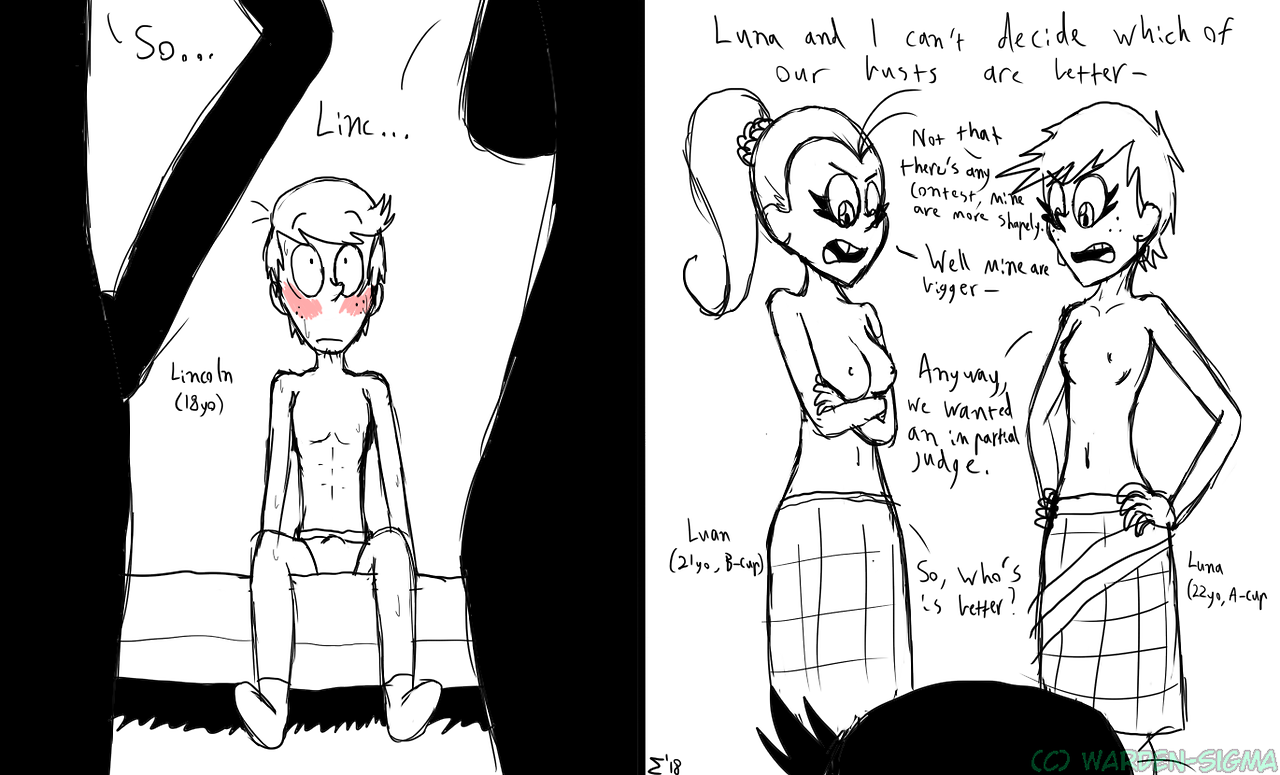 warden sigma (artist), lincoln loud, luan loud, luna loud, text, breast, breasts, shirtless, 