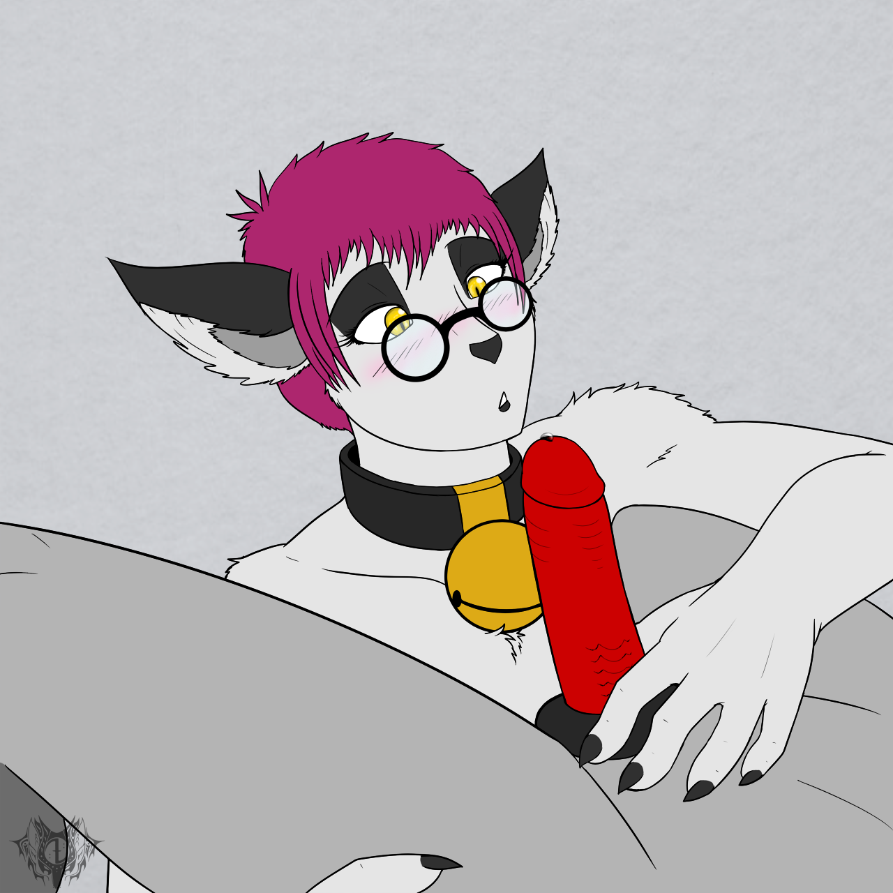 dragonofdarkness13, ed ryujin, 1:1, hi res, anthro, blush, bodily fluids, collar, domestic cat, dragon, duo, examination, eyewear, felid, feline, felis, female, genital fluids, genitals, glasses, imminent oral, male, male/female, mammal, melanie (dragonofdarkness13), penis, precum, 