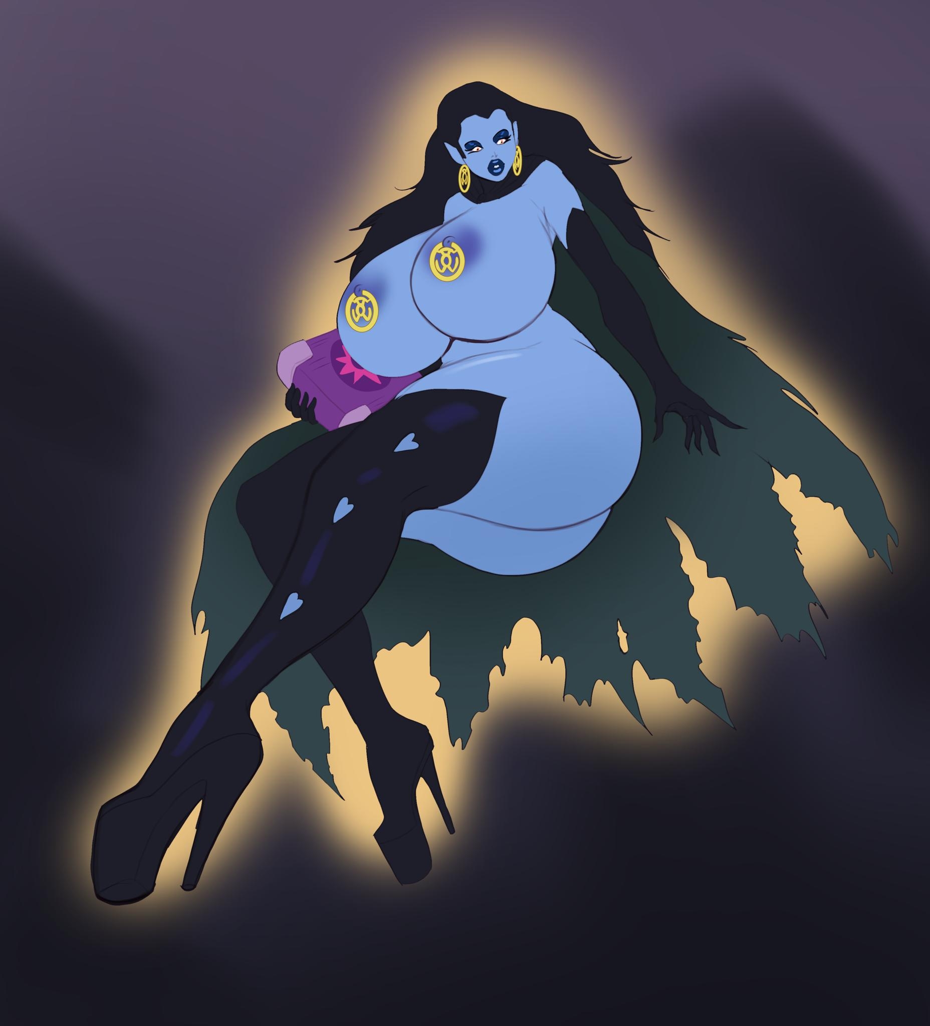 annon, lyssa drak, dc, dc comics, green lantern (series), sinestro corps, 1girls, areolae, ass, bimbo, blue skin, book, breasts, cleavage, earrings, elf ears, eyeshadow, flying, high heels, huge ass, huge breasts, lipstick, long fingernails, long hair, makeup, naked, nipple piercing, nipples, nude, solo, thick thighs, voluptuous, wide hips, 