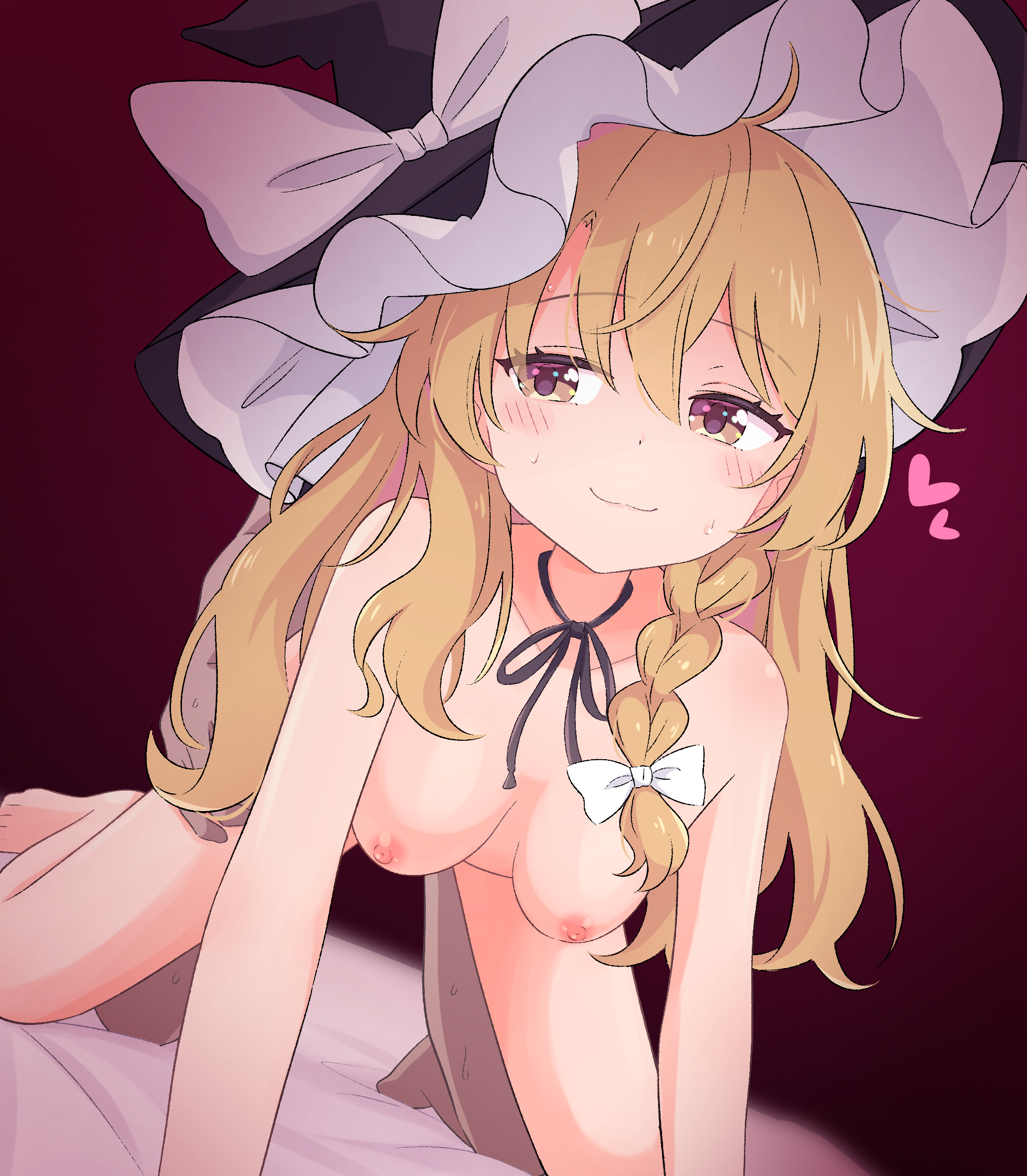 touhou, highres, 1boy, all fours, bangs, behind another, black headwear, blonde hair, blush, bow, braid, breasts, doggy style, dutch angle, eyebrows visible through hair, female, gradient, gradient background, hair between eyes, hairbow, haruki reimari, hat, hat bow, heart, kirisame marisa, legs apart, long hair, looking to the side, medium breasts, nipples, nude, sex, sex from behind, single braid, smile, solo focus, straight, sweat, white bow, witch hat, 
