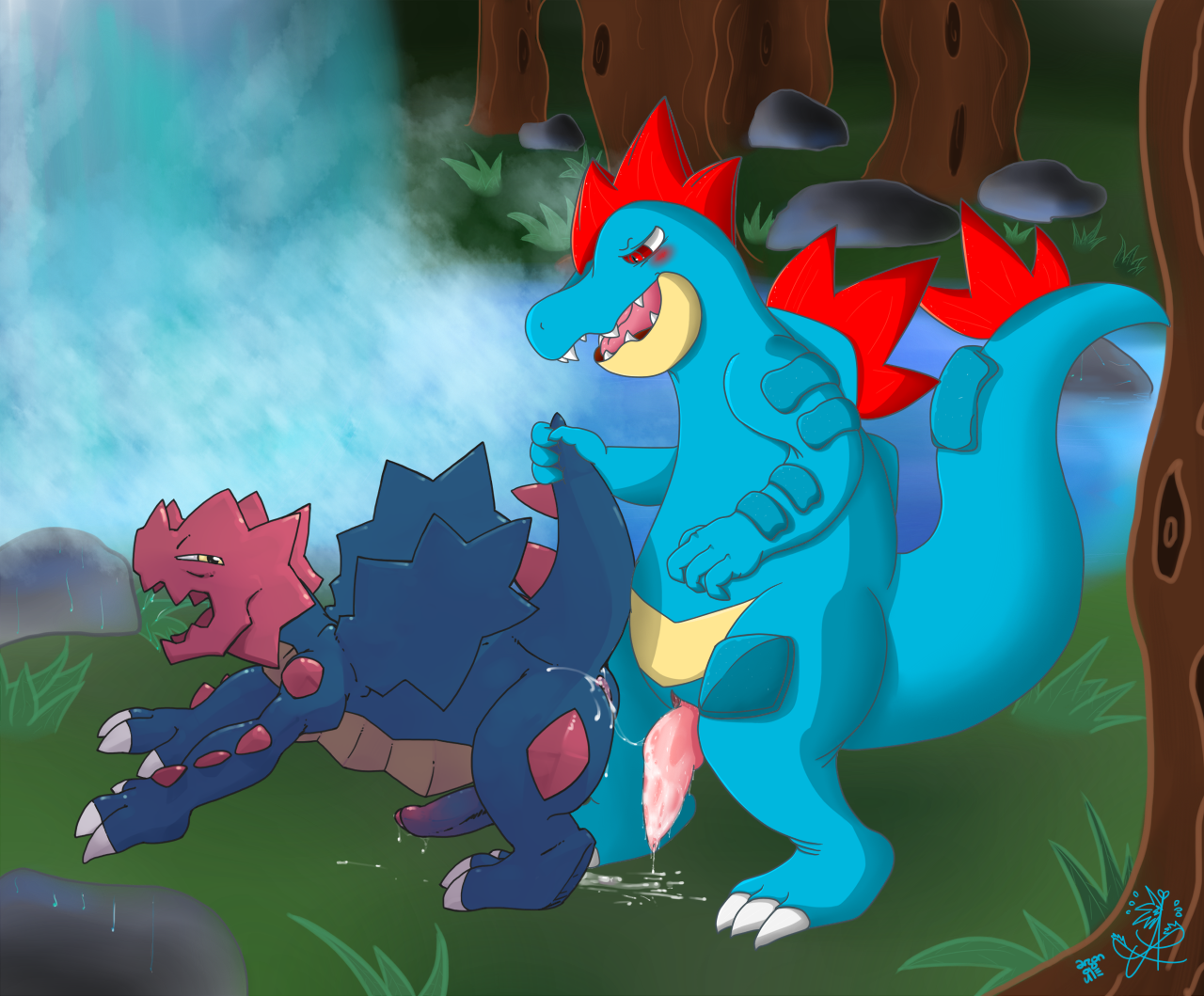 argon vile, asbel lhant (artist), druddigon, feraligatr, nintendo, alligator, anal, blush, cum, cum in ass, cum inside, dragon, forest, gay, lake, male, no humans, penis, pokemon, reptile, scalie, sex, tree, uncut, waterfall, 
