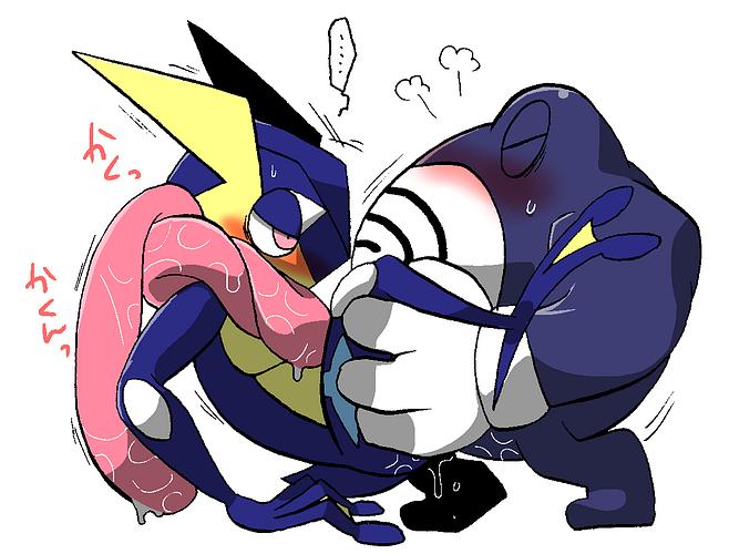 kageyama, greninja, poliwrath, nintendo, japanese text, text, ..., ambiguous gender, amphibian, blush, closed eyes, duo, frog, half-closed eyes, leg grab, male, nude, penetration, pink eyes, pokemon, sex, sweat, video games, 