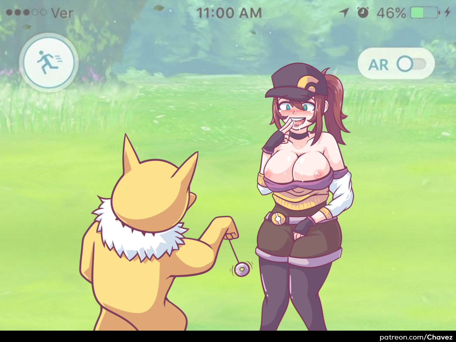 chavez, female protagonist (pokemon go), hypno, nintendo, text, url, watermark, 1girls, alternate breast size, ambiguous gender, areolae, belt, big ass, big breasts, black border, blush, breasts out, brown hair, choker, clothed female nude male, drooling, eye contact, fingering, fingerless gloves, furry, gloves, grass, green eyes, hat, holding, hud, human, hypnosis, knees together, large breasts, looking down, mind control, motion lines, nipples, outdoors, pendulum, pokemon, pokemon go, ponytail, saliva, shirt, shorts, smile, standing, sweat, sweater, thick thighs, tree, white fur, wide hips, yellow fur, 