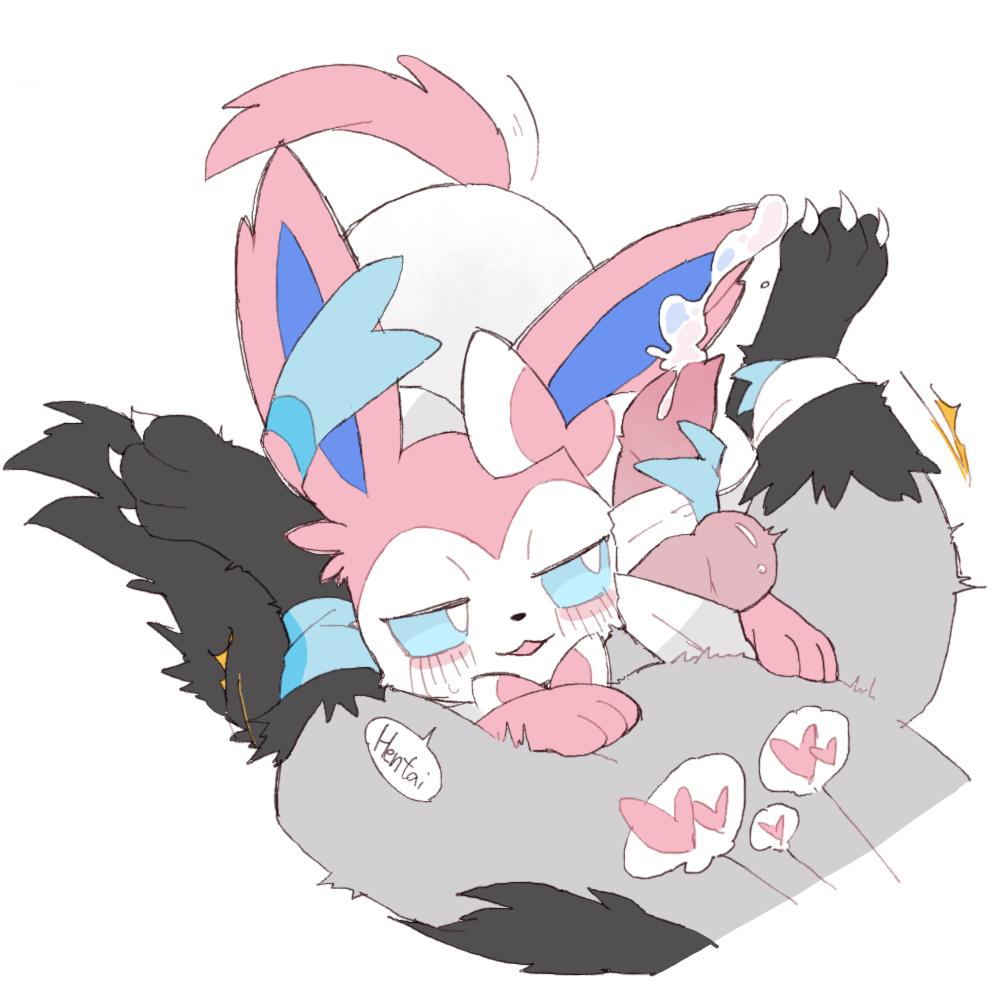 eeveelution, mightyena, sylveon, nintendo, 1:1, 2019, digital media (artwork), english text, simple background, text, white background, ambiguous gender, blush, bodily fluids, canid, canine, cum, duo, feral, fur, genital fluids, heart, knot, male, male/ambiguous, mammal, masturbation, niogupoke, open mouth, penis, pokemon, sweat, sweatdrop, video games, 