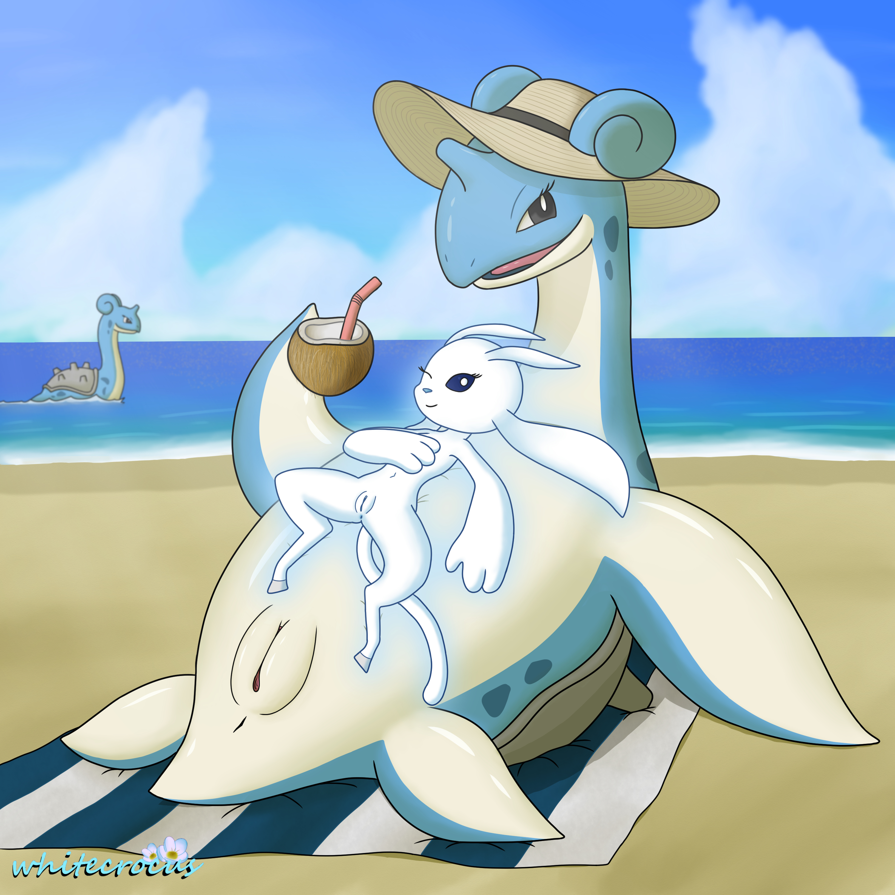 lapras, ori, microsoft, nintendo, ori and the blind forest, ori and the will of the wisps, 1:1, absurd res, digital media (artwork), hi res, 2021, 3 fingers, anthro, anus, beach, beach towel, beverage, black eyes, blue nose, cloud, coconut drink, day, detailed background, drinking straw, eyelashes, female, feral, fingers, flippers, genitals, glowing, group, guardian spirit, hand on chest, hooves, looking at viewer, lying, lying on another, marine, navel, on back, one eye closed, ori (series), outside, plump labia, pokemon, pussy, sand, sea, seaside, shell, size difference, smaller anthro, smile, sun hat, tongue, towel, video games, water, white body, whitecrocus, wink, 