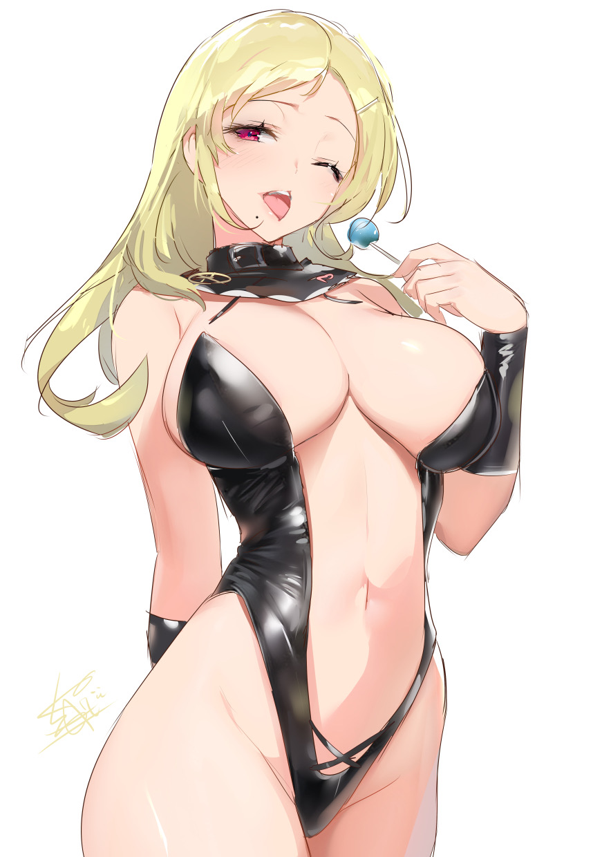 lolipop, yaegashi nan, shiki (senran kagura), senran kagura, senran kagura (series), artist signature, simple background, white background, 1girls, belly button, big breasts, blonde hair, candy, clothed, clothing, female, female only, food, hairclip, highleg leotard, light-skinned female, light skin, one eye closed, red eyes, skimpy clothes, solo, tongue, tongue out, wink, 