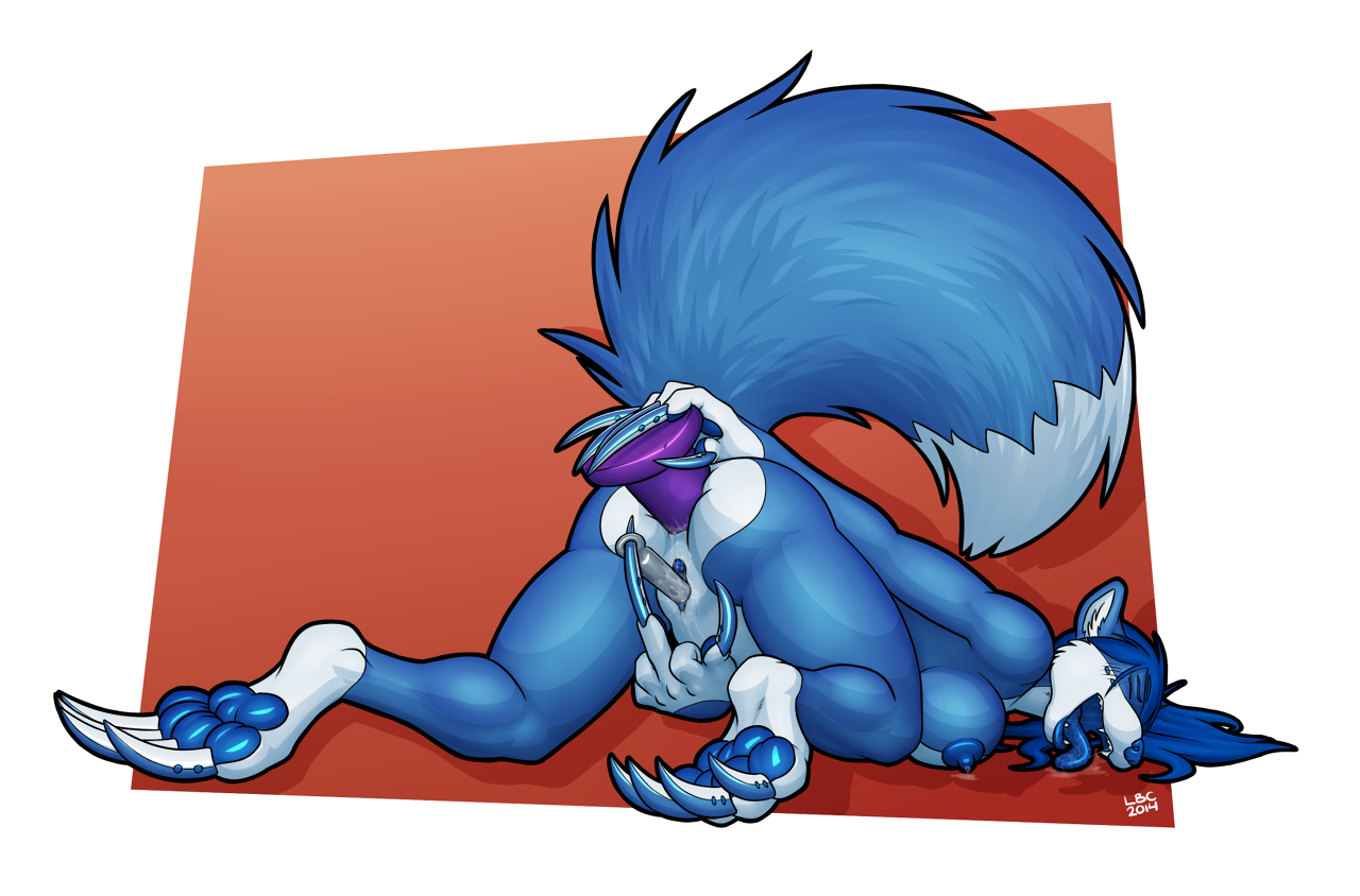 longblueclaw, 2014, digital media (artwork), simple background, 5 fingers, anal, anal masturbation, anal sex, anthro, areola, ass up, biped, blue body, blue fur, blue hair, bodily fluids, breasts, claws, dipstick tail, female, fingers, fur, hair, lactating, long claws, looking pleasured, markings, masturbation, nipples, open mouth, pawpads, paws, penetration, solo, tail markings, teeth, tongue, tongue out, urethral, urethral masturbation, urethral penetration, white body, white fur, 
