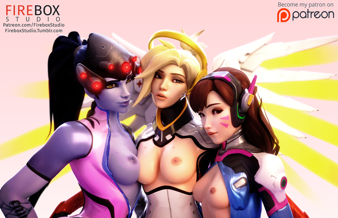 fireboxstudio, d.va, mercy, widowmaker, overwatch, 3d, blonde hair, breasts, brown hair, female, female only, threesome, wings, 