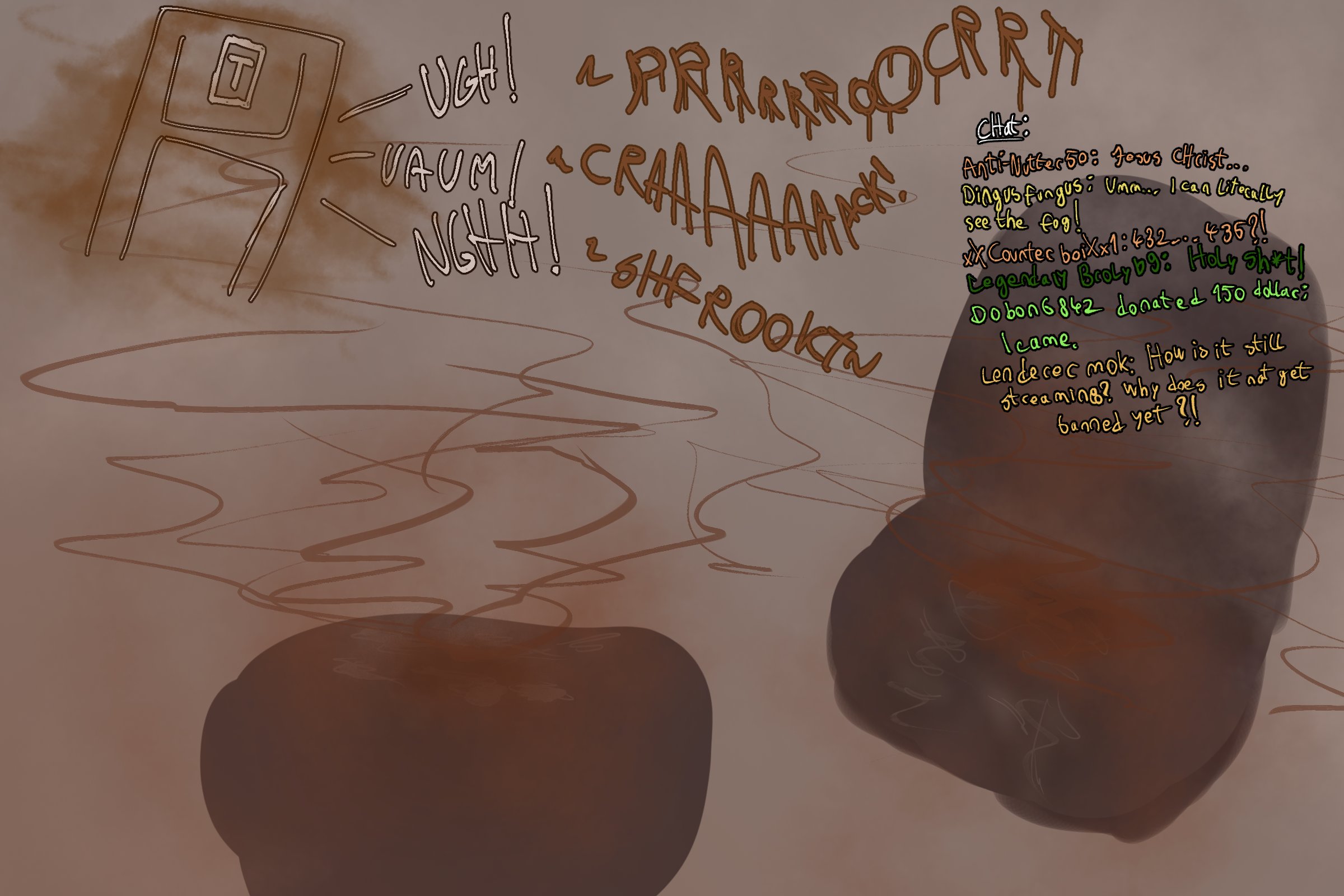 inugami korone, hololive, english text, text, chair, door, fart, fart cloud, fart everywhere, fart fetish, 