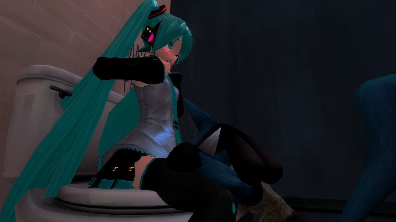 hatsune miku, lucario, megurine luka, nintendo, 3d, \/, ahe gao, anilingus, bathroom, blue eyes, blue hair, blush, cunnilingus, graffiti, hair, oral, pink eyes, pink hair, pokemon, public, red eyes, vocaloid, 