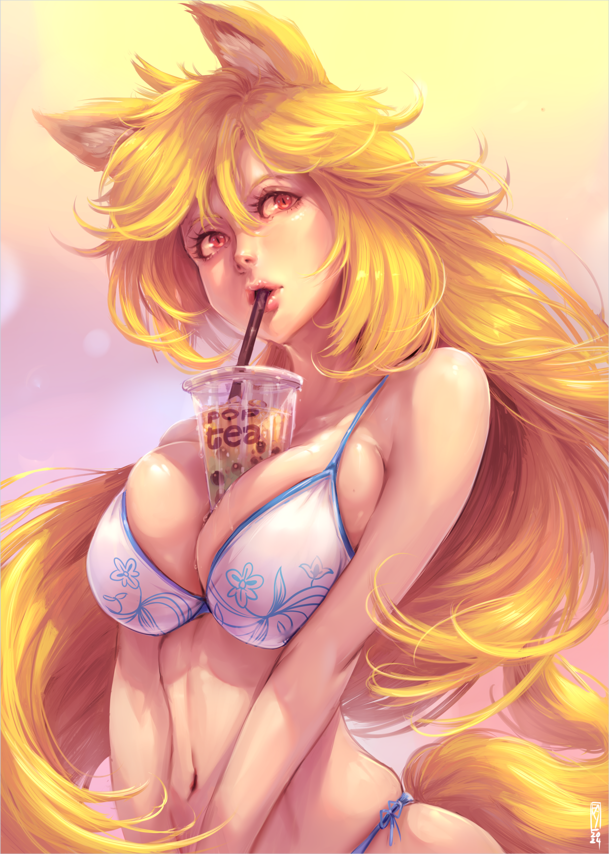 1girls bikini breasts cup_on_boobs faymantra female fox_ears fox_girl fox_tail huge_breasts long_hair orange_hair original original_character red_eyes voluptuous