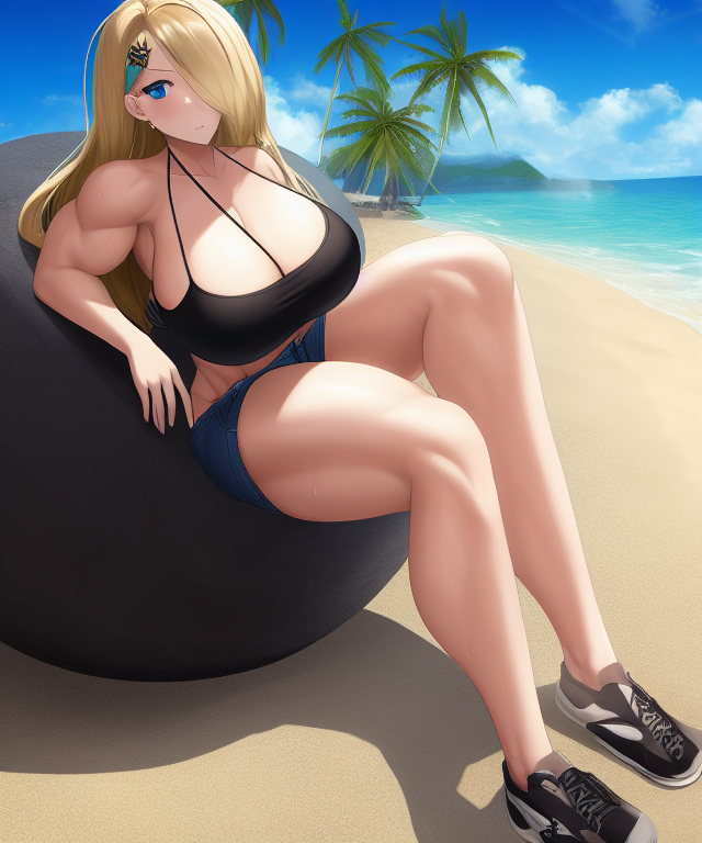 cynthia (pokemon), game freak, nintendo, pokemon dppt, 1girls, abs, ai generated, bare arms, bare legs, bare midriff, bare shoulders, bare thighs, beach, biceps, black tank top, blonde hair, blue eyes, blue shorts, blush, cleavage, denim shorts, enormous breasts, giant, giantess, gigantic breasts, gigantic thighs, hair over one eye, huge breasts, huge thighs, island, large breasts, long hair, long legs, looking at viewer, macro, massive breasts, massive thighs, midriff, muscle, muscles, muscular, muscular arms, muscular female, muscular legs, muscular thighs, ocean, palm tree, pokemon, shoes, short shorts, shorts, sideboob, sitting, size difference, sneakers, stable diffusion, sweat, tank top, thick thighs, thighs, toned, toned female, voluptuous, voluptuous female, wide hips, 