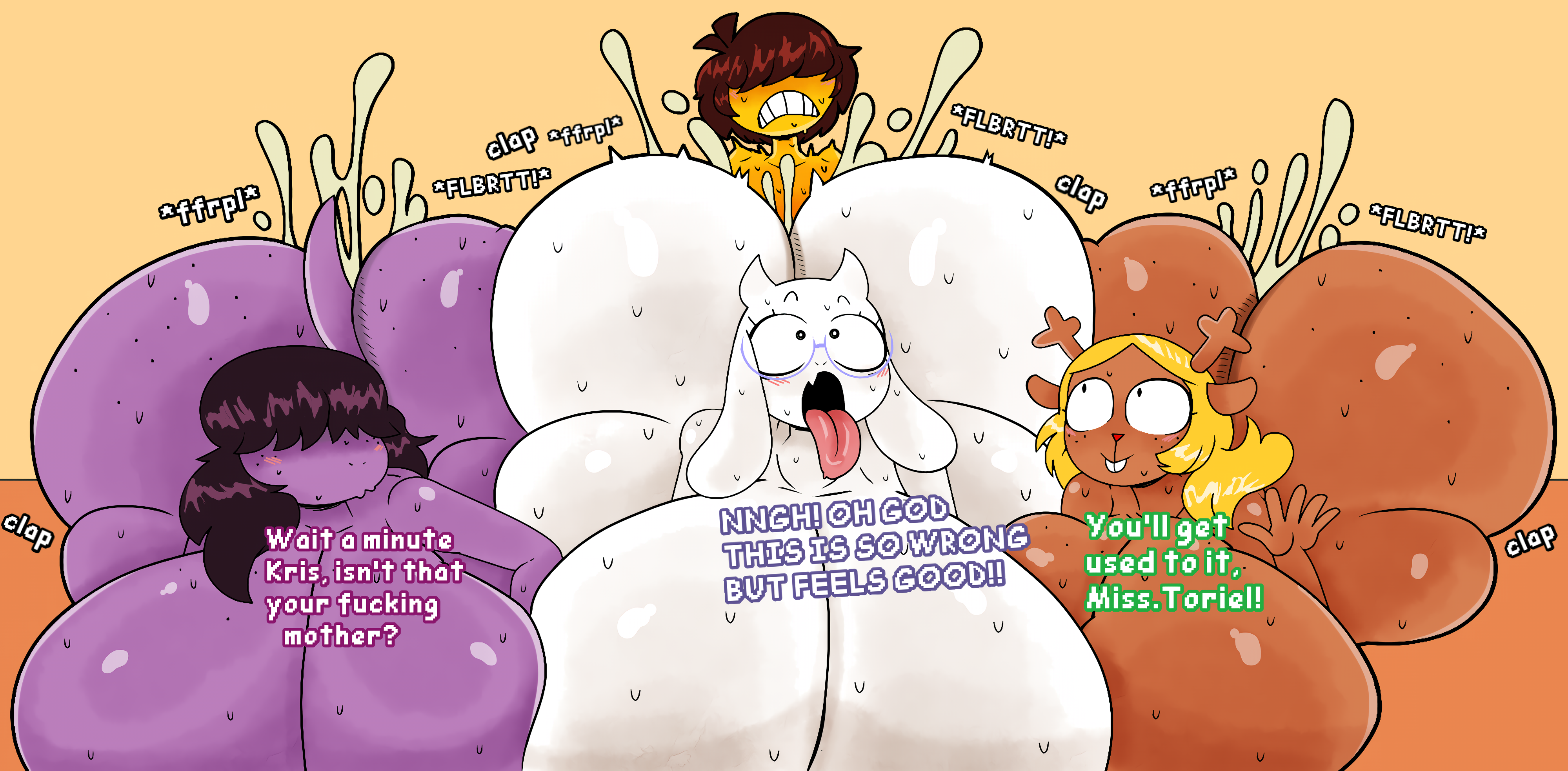 1boy 3girls anal_sex antlers bangs_over_eyes big_ass big_balls big_breasts big_butt blonde_hair breasts_squeezed_together comic cum_fart cum_inside cum_splash deer_girl deltarune dinosaur_girl excessive_cum fangs fluffy_tail freckles furry furu_flami glasses happy_sex harem huge_ass huge_breasts human hyper_ass kris_(deltarune) milf mother_and_son nervous noelle_holiday orgy purple_body size_difference sleepover smaller_male straight straight_sex susie_(deltarune) sweating toriel undertale yellow_body