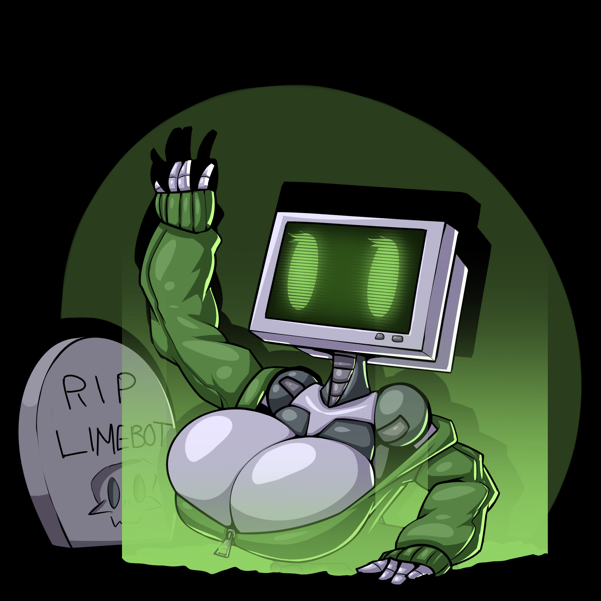 2d breasts cleavage female grave humanoid large_breasts limebot limebreaker original original_character robot robot_girl robot_humanoid screen_face sweater