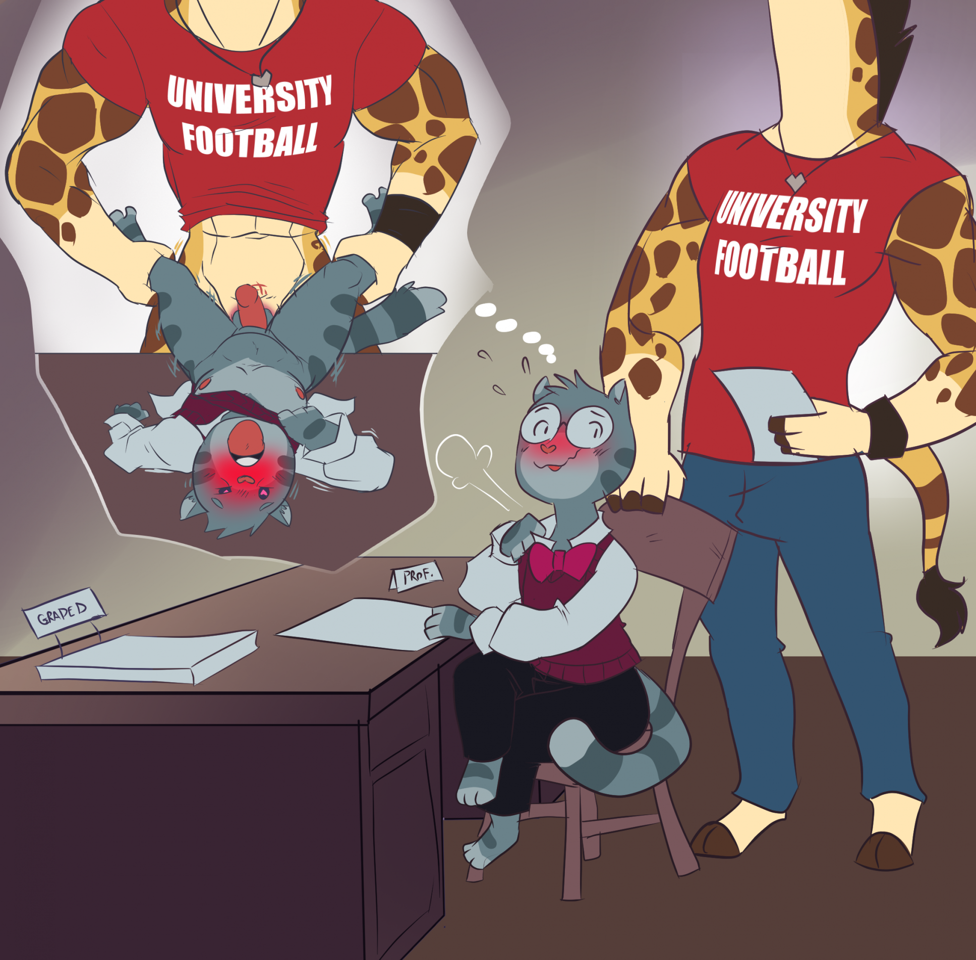 2boys 3_toes 4_fingers abs anal anal_sex anthro balls big_belly blush bottomless bottomwear bow_tie brown_spots chair clothed clothing collar collar_pull denim denim_bottomwear denim_clothing desk domestic_cat duo eyewear fantasizing feet felid feline felis fingers football_uniform fucked_silly fur furniture gay gay_sex genitals giraffe giraffid glasses grey_body grey_fur head_out_of_frame hi_res holding_leg hooves humanoid_genitalia jeans jewelry long_neck long_sleeve_shirt lying male male/male male_only mammal metal_(artist) muscular necklace nipples on_back open_mouth original_characters pants paper penetration penis professor sex size_difference spots spread_legs spreading tabby_cat table table_lotus_position thought_bubble toes topwear undressing vest yellow_body yellow_skin