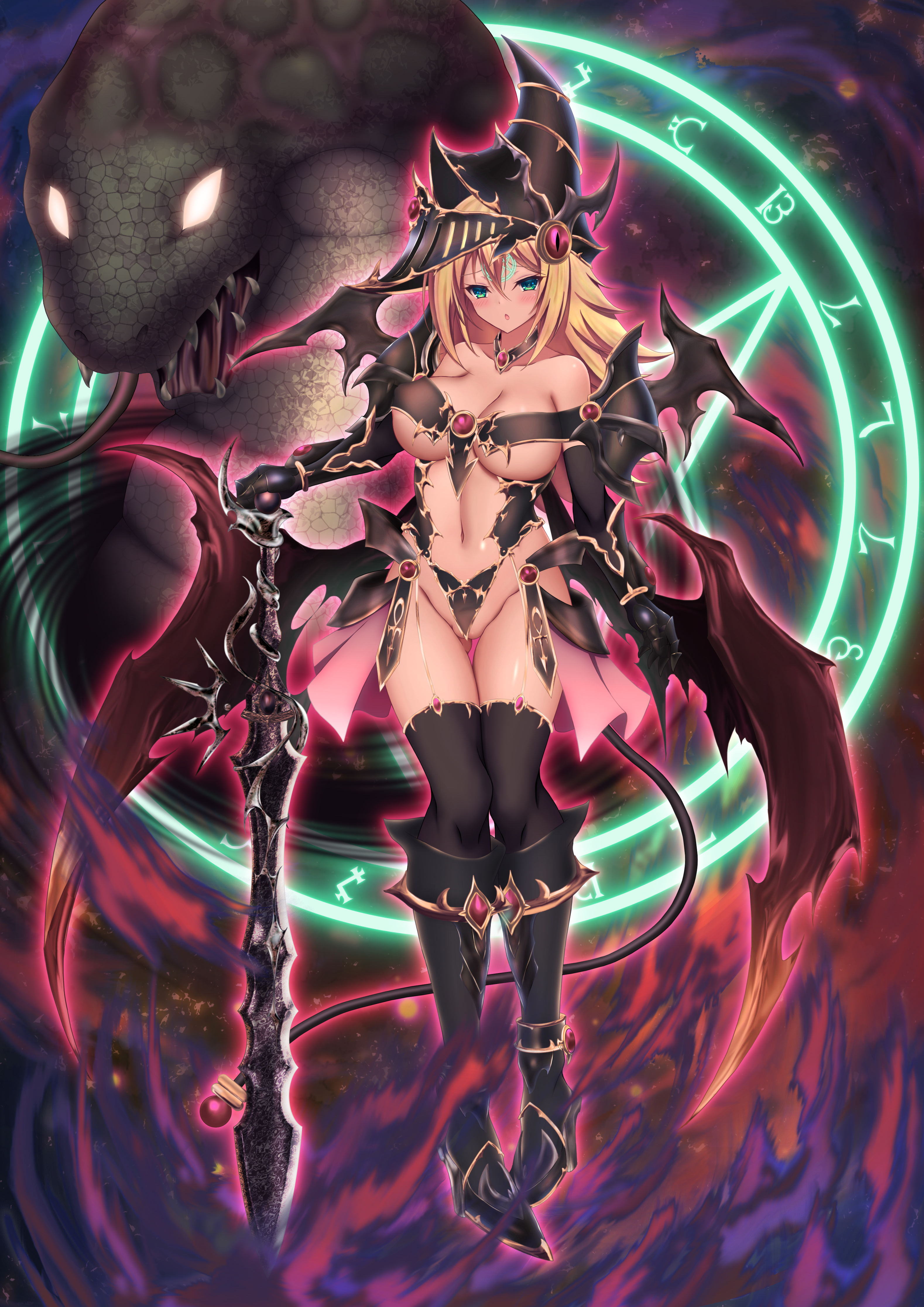 akina, dark magician girl, dark magician girl the dragon knight, konami, yu-gi-oh!, 2022, bikini, bikini armor, blush, corruption, divine serpent geh, orichalcos, seal of orichalcos, snake, sword, 