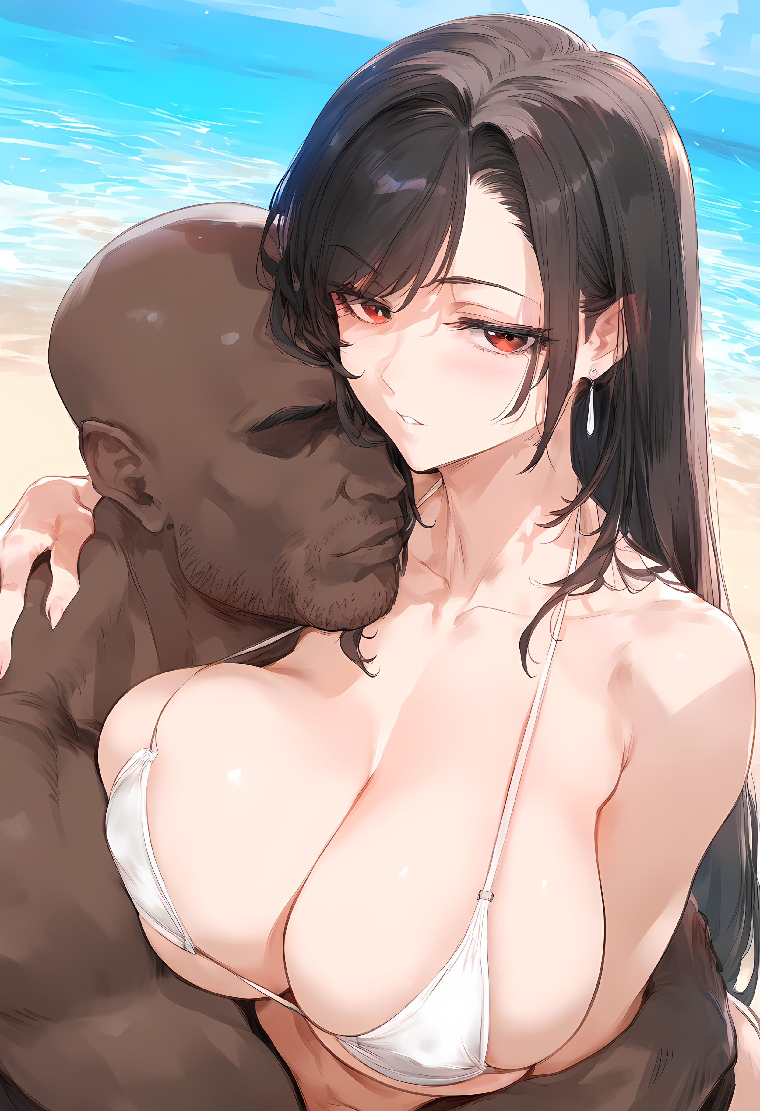 tifa lockhart, final fantasy, final fantasy vii, 1boy, 1girls, ai generated, bangs, bare shoulders, beach, bikini, black hair, blush, breast press, breasts, clavicle, cleavage, clothing, curvaceous, curvaceous female, curvaceous figure, curvy, curvy figure, dark-skinned male, dark skin, day, earrings, faceless, faceless male, female, female focus, hug, huge breasts, interracial, jewelry, large breasts, long hair, looking at viewer, male, nakatori, ocean, outdoors, parted lips, red eyes, sky, straight, swimsuit, upper body, video game, voluptuous, voluptuous female, water, white bikini, white swimsuit, 