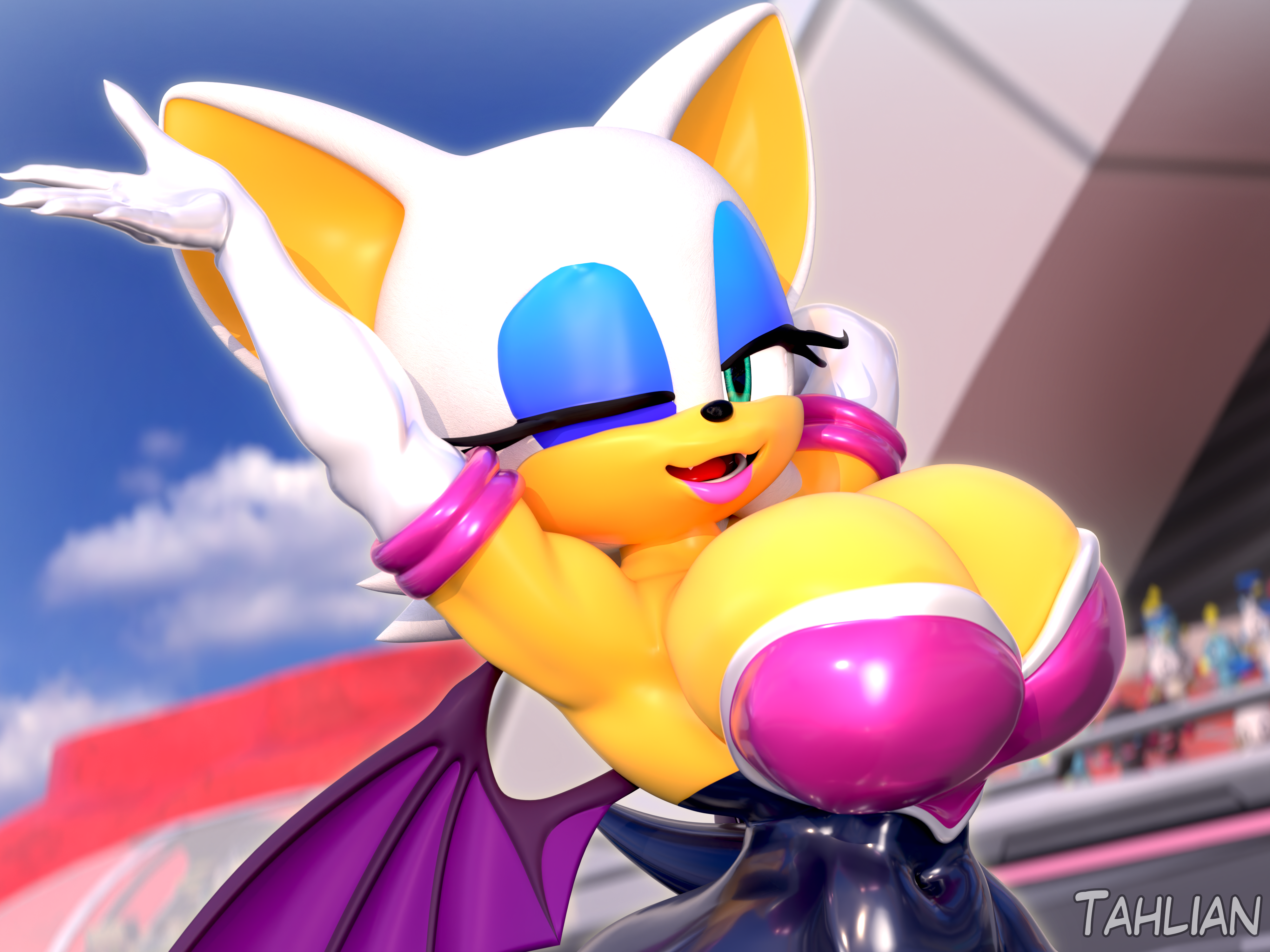 1girls 3d 3d_(artwork) anthro arms_up bat big_breasts bodysuit breasts busty chiropteran clothing female female_only furry furry_only hand_behind_head huge_breasts large_breasts latex looking_at_viewer outdoors png pose posing rouge_the_bat solo sonic_(series) sonic_racing_crossworlds sonic_the_hedgehog_(series) tahlian tail wide_hips wings wink winking_at_viewer