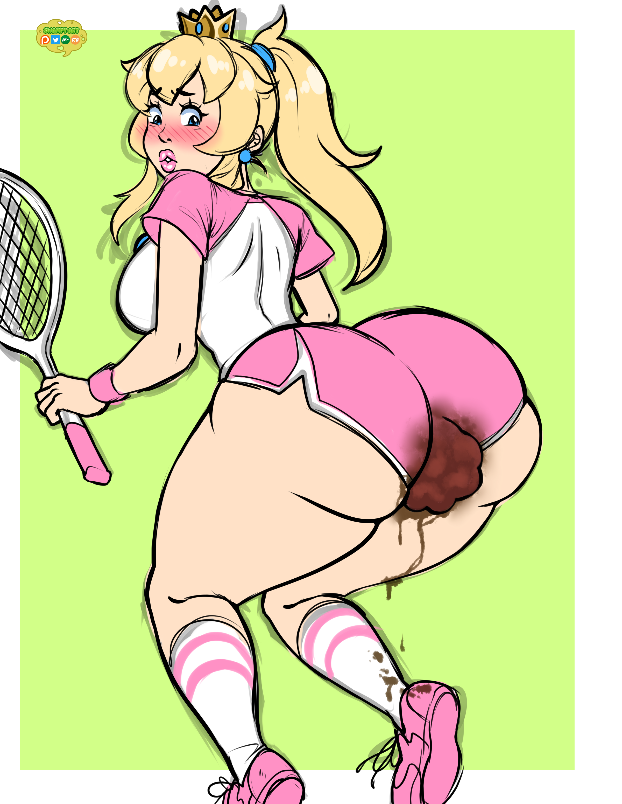 swampyart, princess peach, nintendo, 1girls, big ass, booty shorts, scat, s...