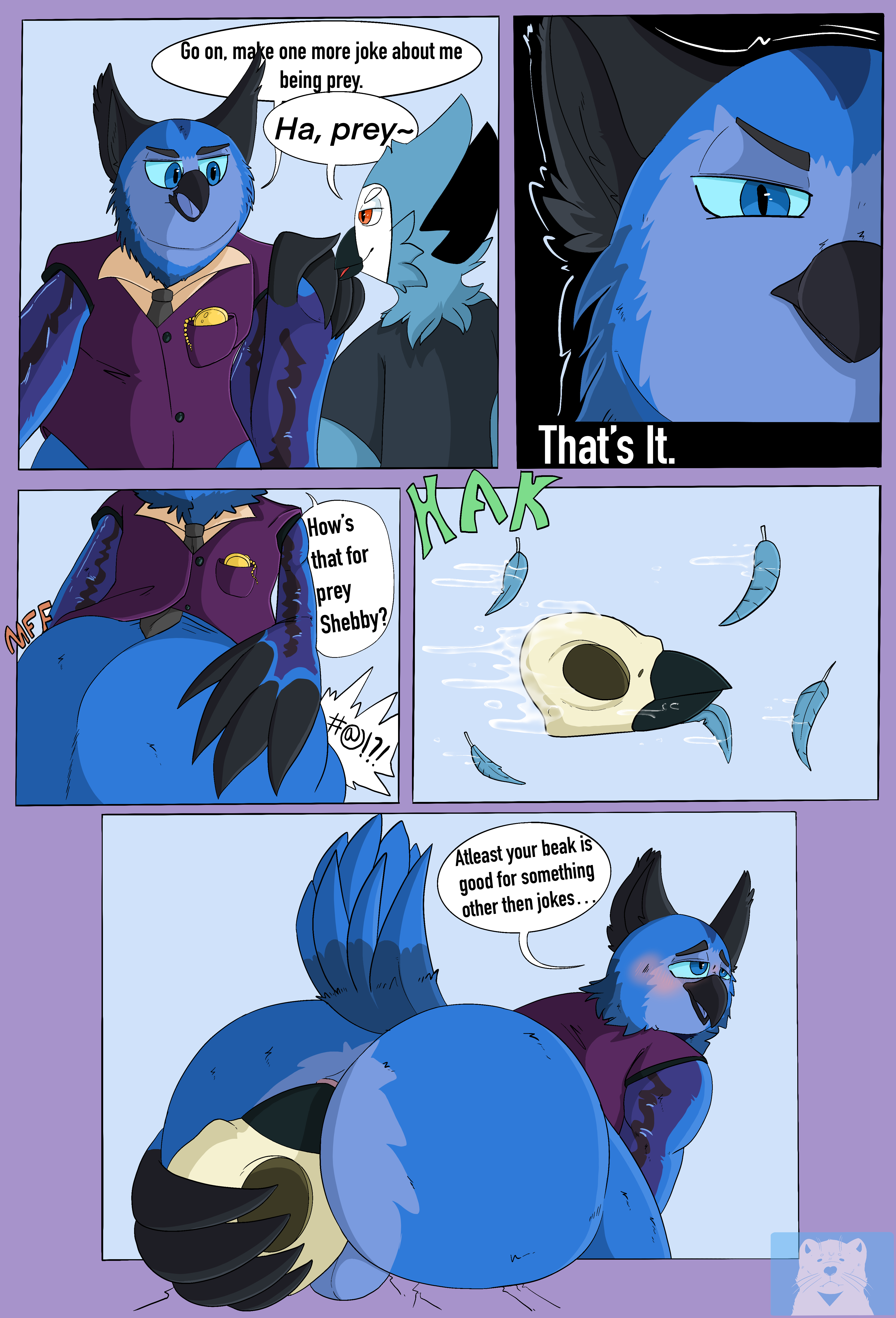 absurd_res anthro ass avian balls beak beak_in_ass big_ass big_butt bird black_beak blue_body blue_eyes blue_feathers blue_jay blush bluutheferret bodily_fluids bone burping_up_skull clock clothing comic corvid cough dialogue digestion duo eurasian_eagle-owl fatal_vore feathers genitals hi_res horned_owl jay_(bird) male male/male necktie new_world_jay orange_eyes oscine owl passerine purple_body purple_feathers saliva shebby shirt skull stomach_bulge tail tail_feathers text topwear true_owl two_piece_suit unwilling_prey vore watch