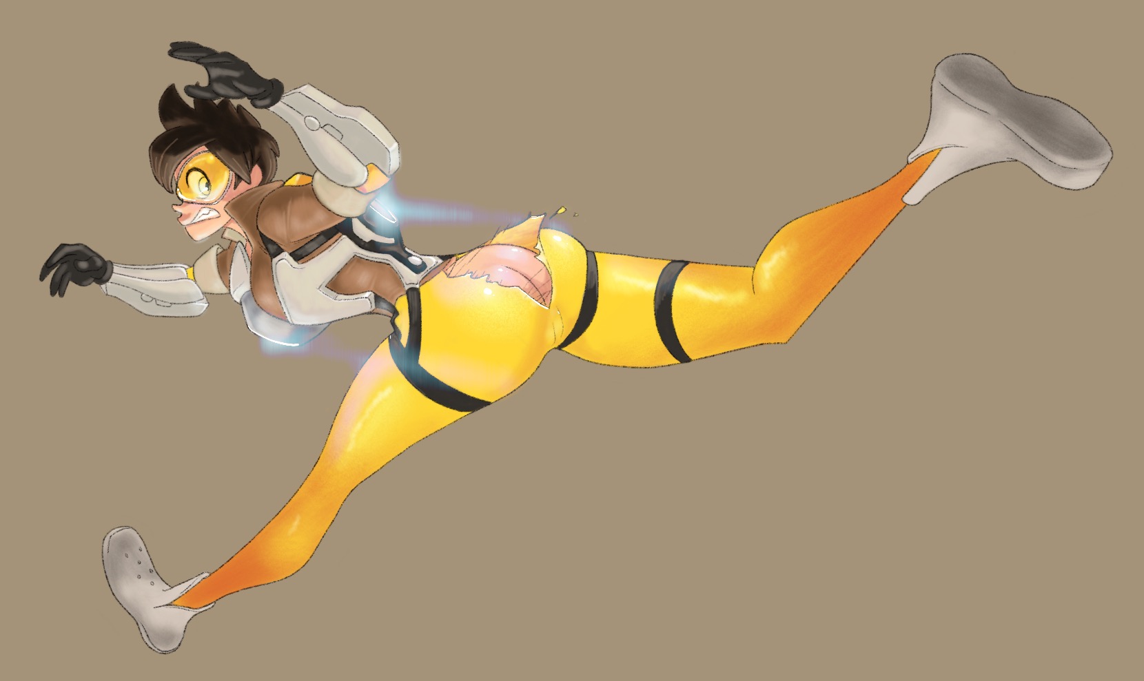 tracer, blizzard entertainment, overwatch, 1girls, ass, bodysuit, camel toe, embarrassed, female, female only, solo, torn bodysuit, torn clothes, torn clothing, wardrobe malfunction, 