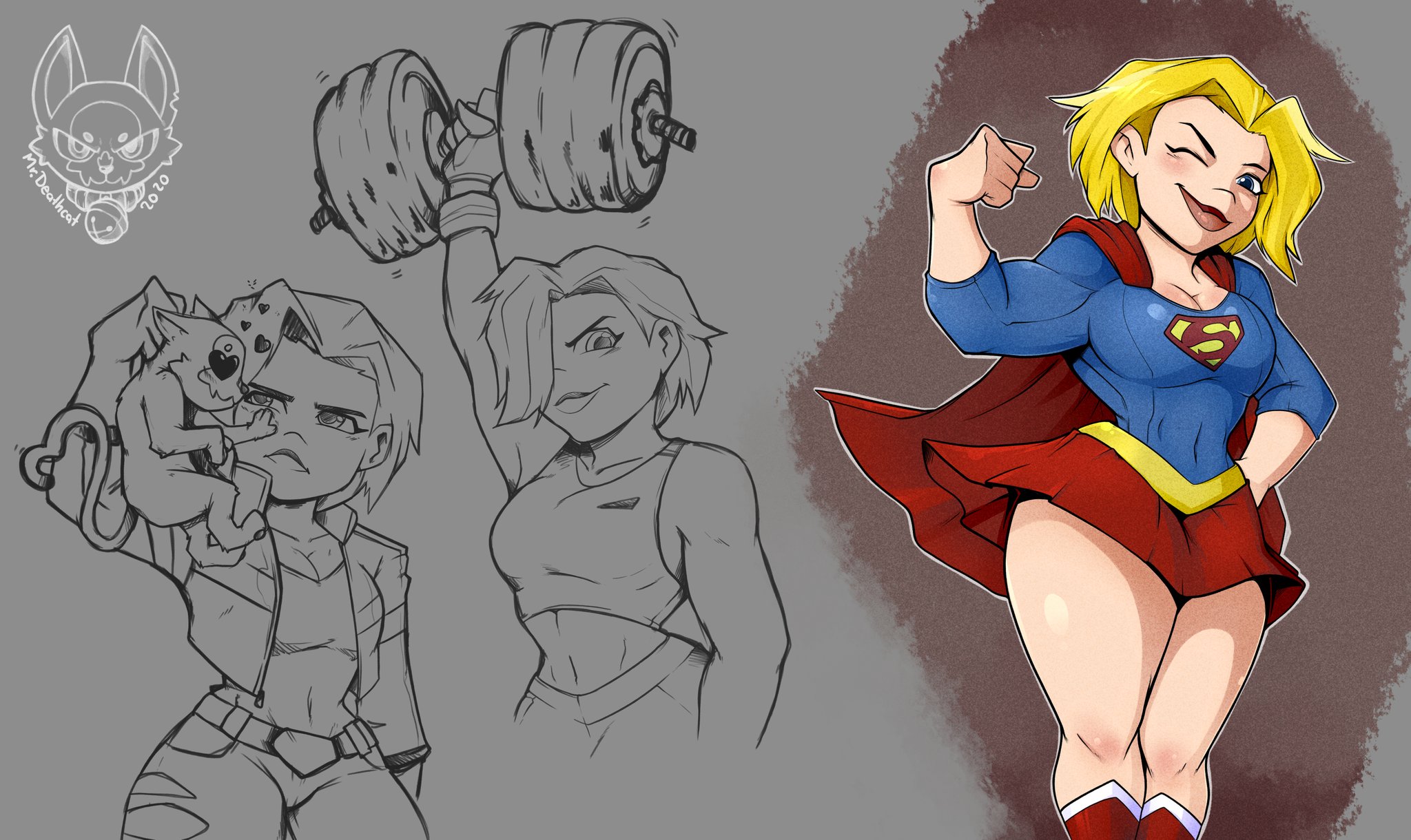 kara danvers, kara zor-el, supergirl, dc, dc comics, dc super hero girls, big breasts, cleavage, flexing, mr.deathcat, muscular female, thick thighs, wink, 