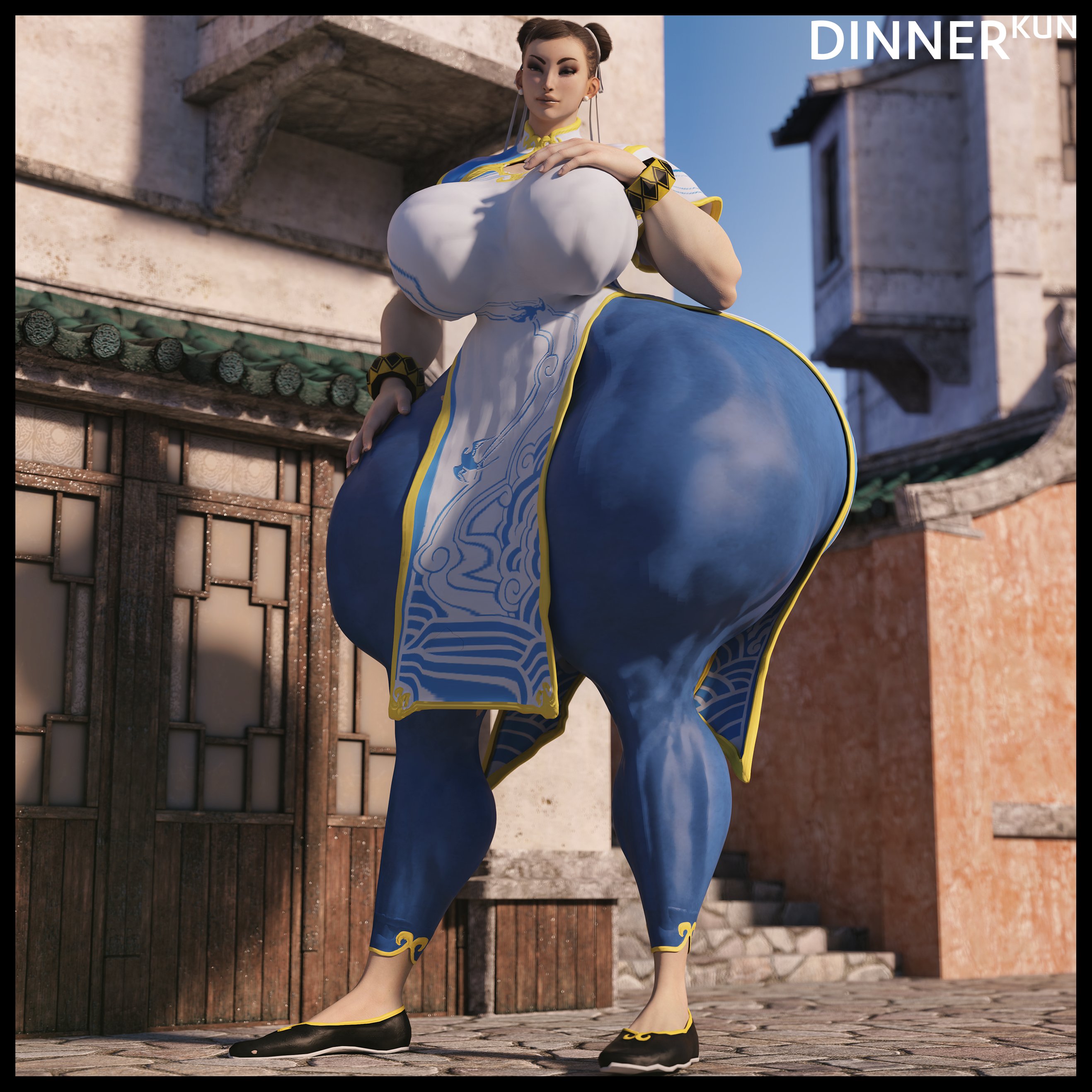 dinner-kun, chun-li, capcom, street fighter, 1:1, 3d, digital media (artwork), hi res, highres, watermark, 1girls, 2023, big breasts, breasts, chinese clothes, clothed, clothed female, clothing, dress, fanart, female, huge thighs, muscular female, standing, thick thighs, thighs, thunder thighs, wide hips, 