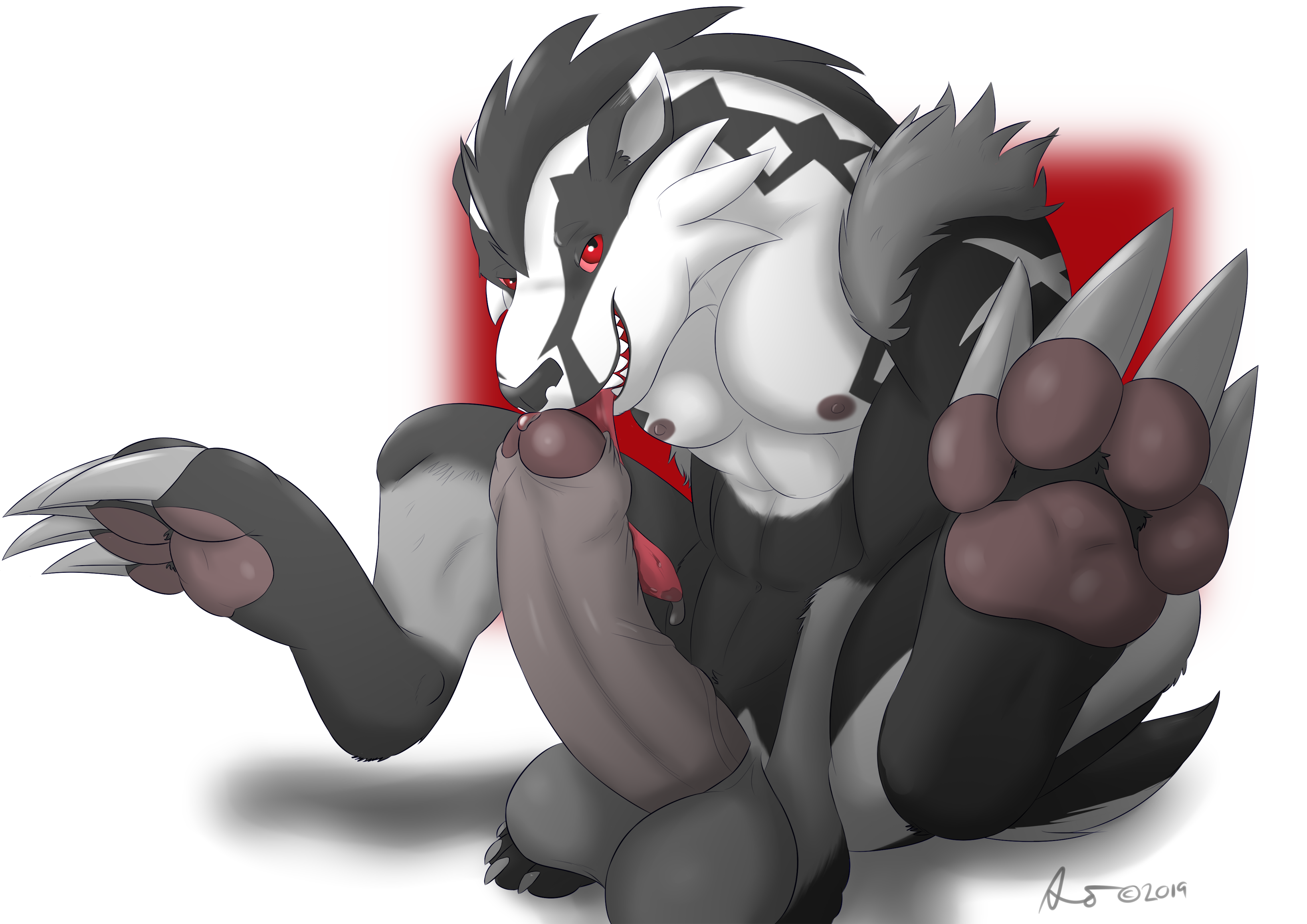 obstagoon, nintendo, pokemon ss, 2019, text, watermark, 1boy, abs, alex.fetter, anthro, autofellatio, big feet, big penis, big testicles, claws, digitigrade, drooling, eye contact, fur, gay, half-closed eyes, huge penis, huge testicles, humanoid penis, licking, long tongue, looking at viewer, male, male only, mammal, masturbation, nipples, nude, oral, oral masturbation, paws, penis, pokemon, saliva, testicles, tongue, tongue out, video games, wet, wide hips, 