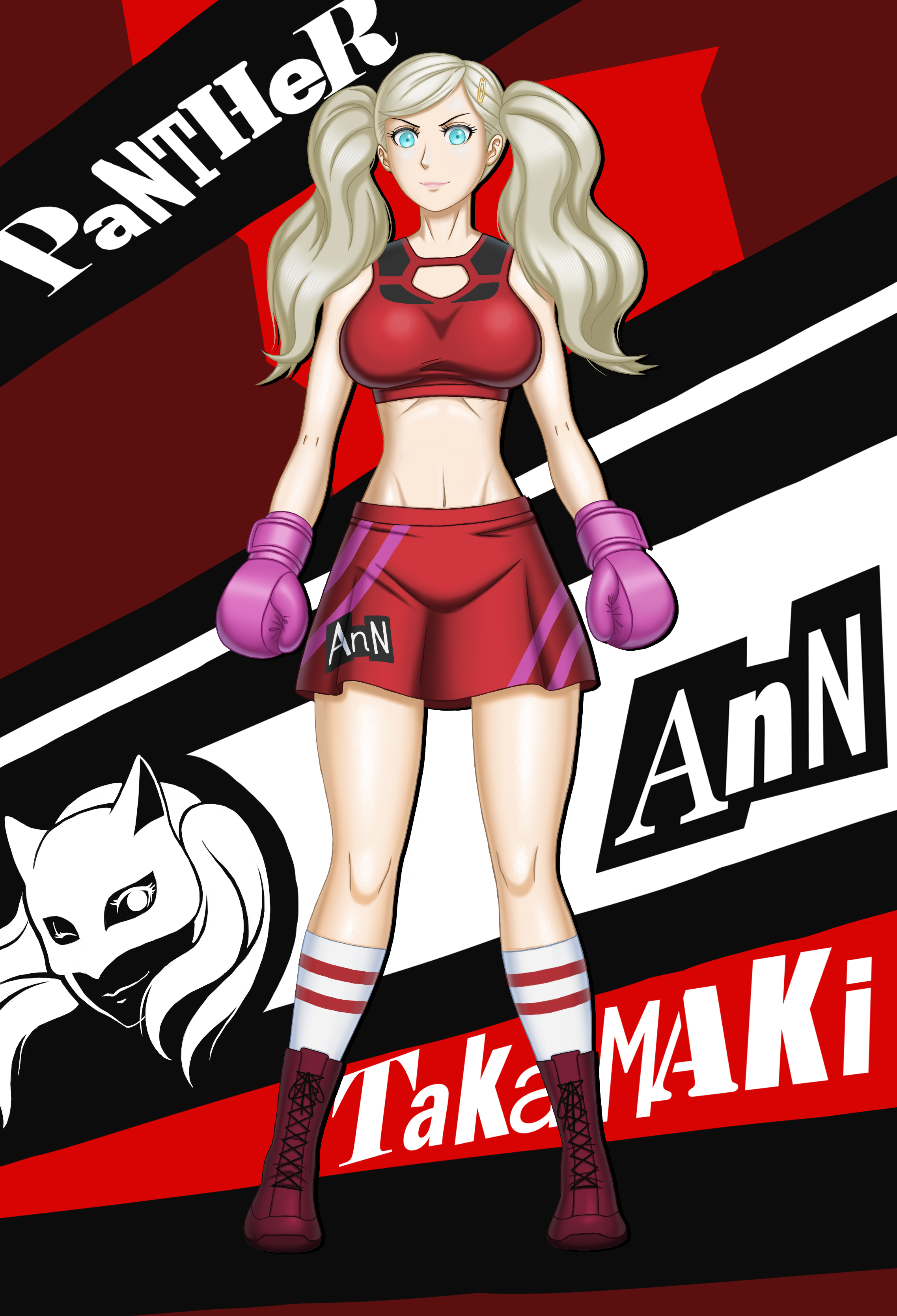 ann takamaki, atlus, persona, persona 5, sega, boots, boxing, boxing gloves, boxing tape, panther, senousanka, skirt, 
