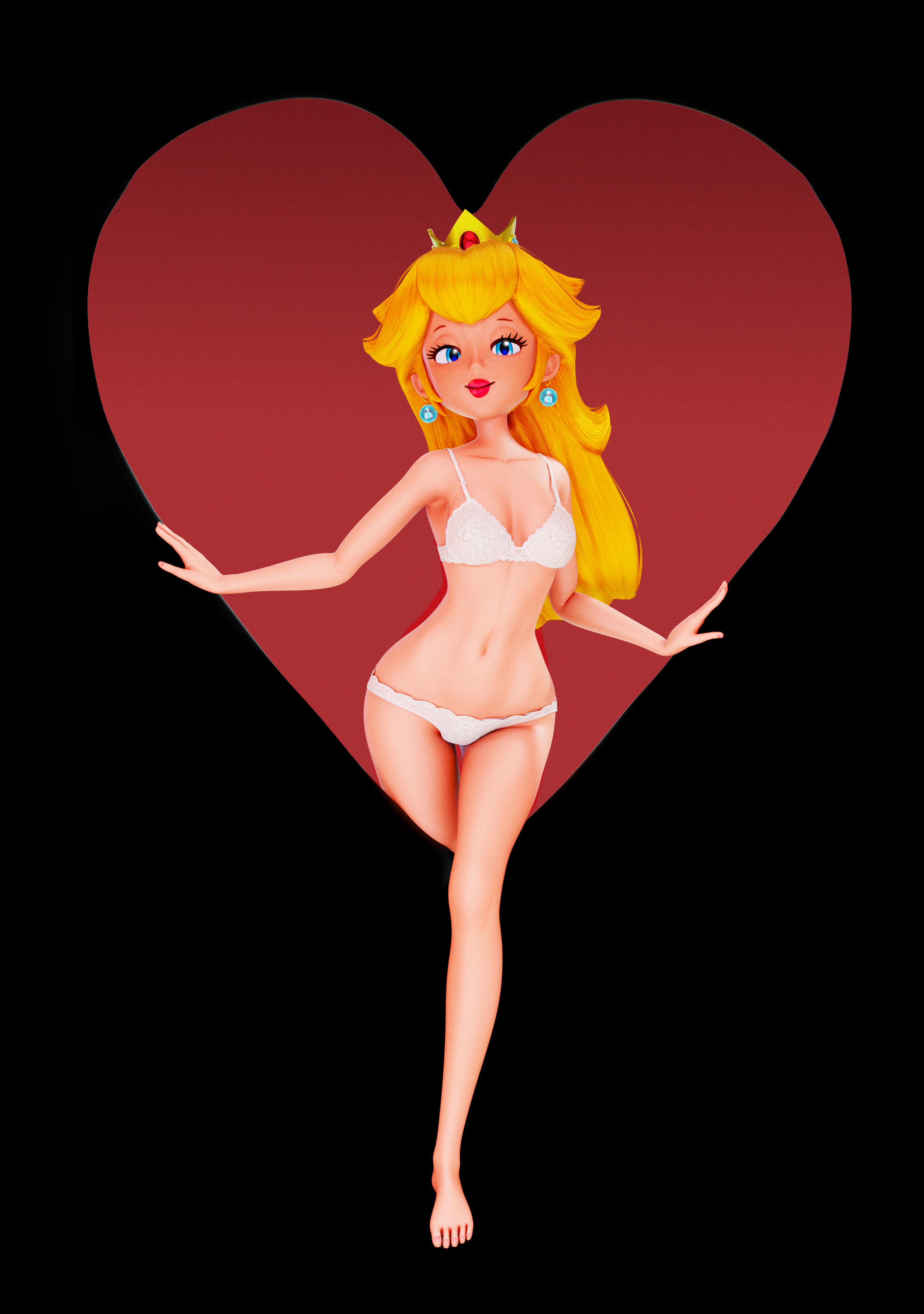 1girl 3d armpits barefoot bedroom_eyes blonde_hair blue_earrings blush bra breasts crown earrings eyelashes female guinreds heart legs lingerie lips lipstick long_hair looking_at_viewer narrow_waist navel nintendo panties princess_peach red_lipstick smile thigh_gap wide_hips