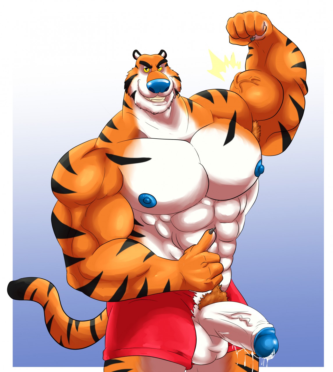 miguel okami, tony the tiger, frosted flakes, abs, anthro, balls, clothing,...