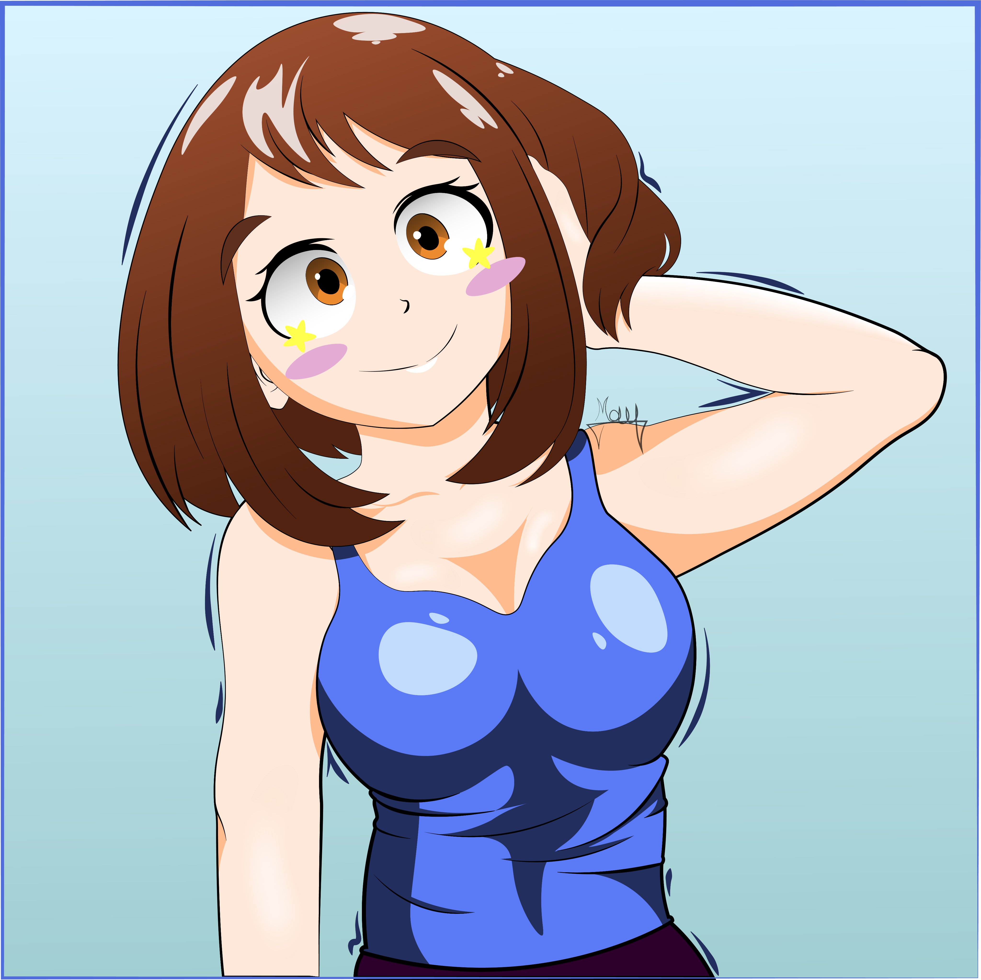 ochako uraraka, my hero academia, 2020, pose, athletic, athletic female, busty, female, female focus, female only, hourglass figure, monsterart, pinup, pinup pose, posing, solo, wide hips, 