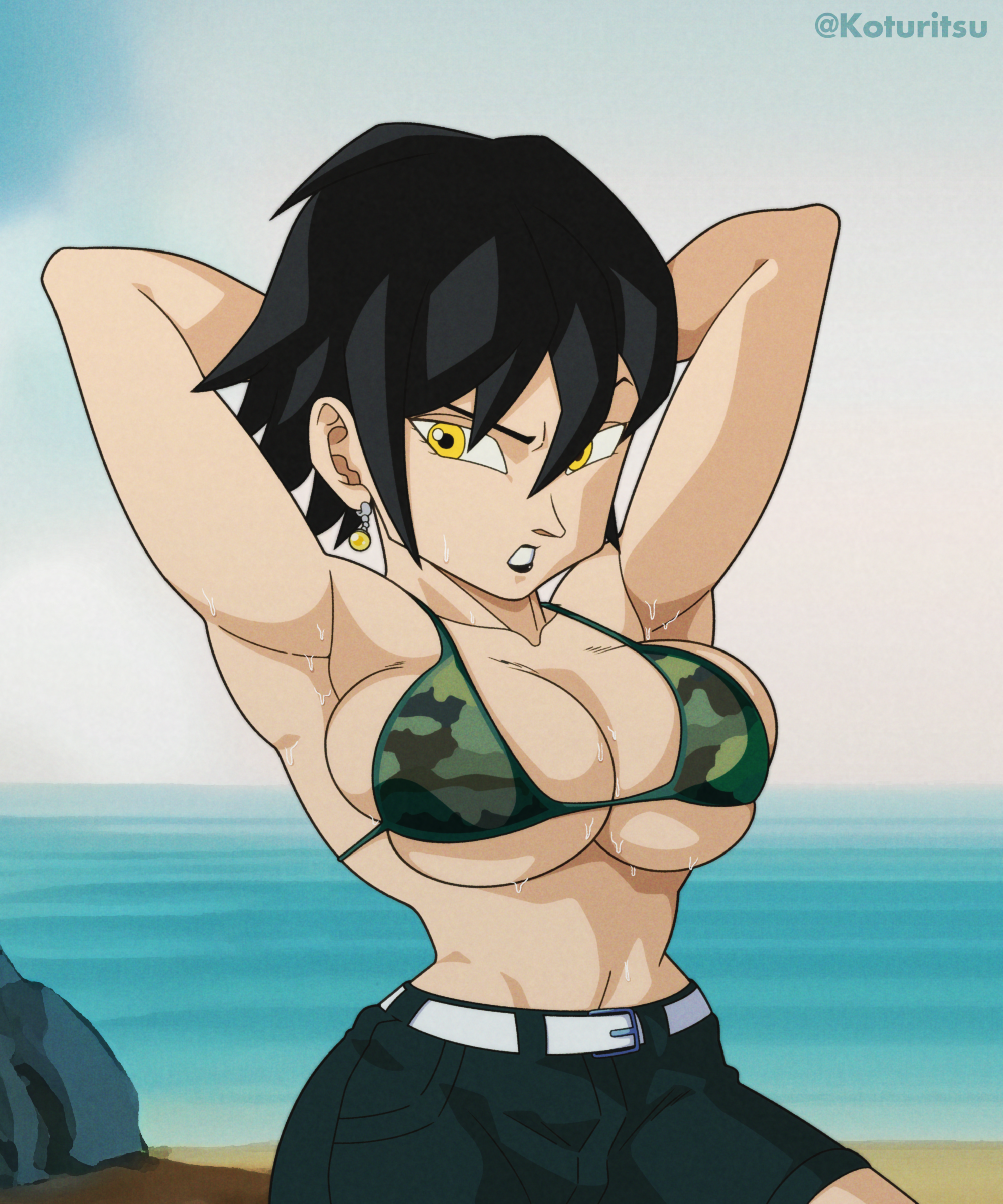 original character, dragon ball, armpits, arms up, big breasts, bikini, black hair, dragon ball the breakers, earrings, koturitsu, lipstick, shorts, sweat, tight bikini, yellow eyes, 