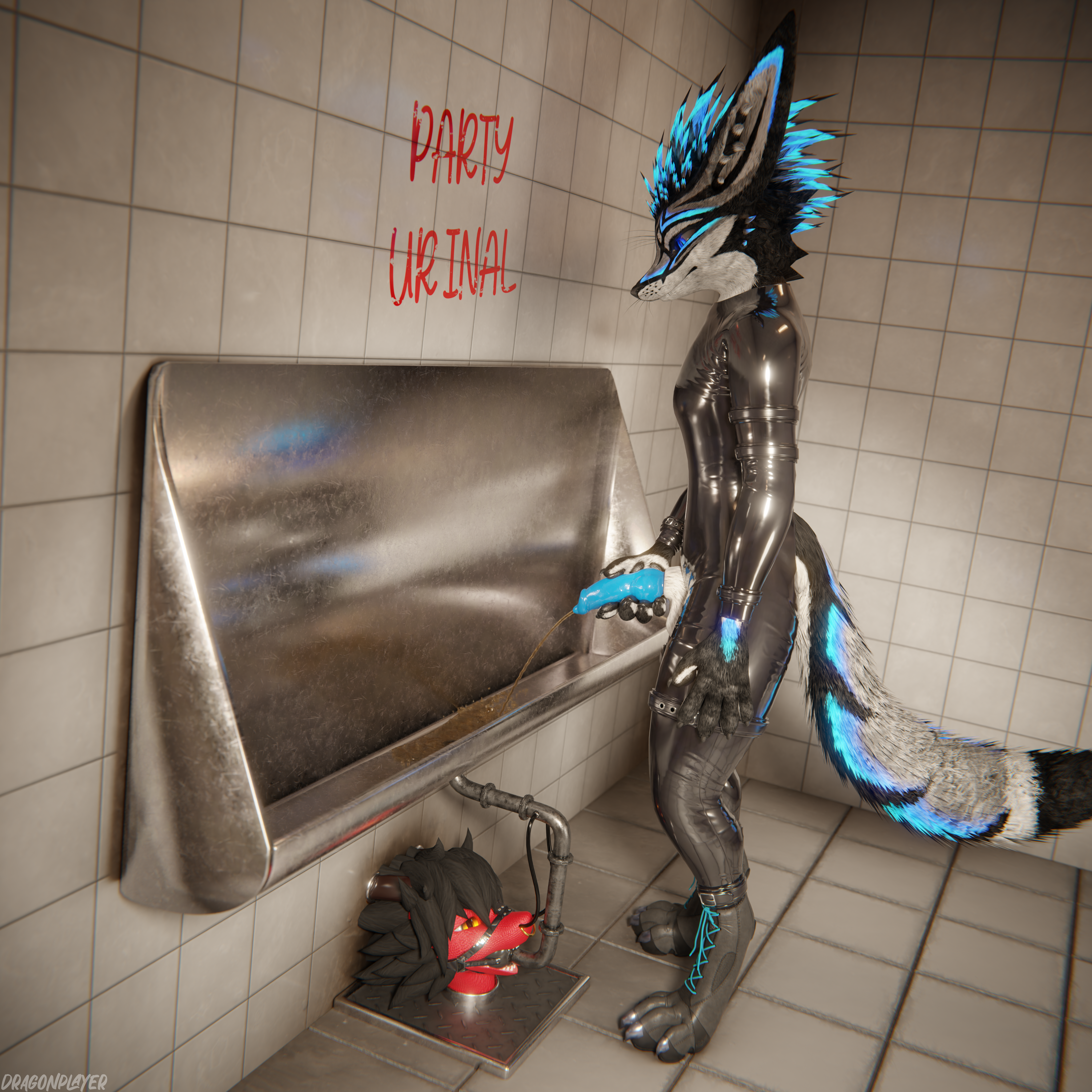 mythology, 1:1, 3d (artwork), 4k, absurd res, blender cycles, digital media (artwork), hi res, text, animal genitalia, animal penis, anthro, anthro on anthro, armwear, ball gag, balls, bathroom, bathroom floor, bathroom tiles, bathroom wall, bdsm gear, bdsm outfit, biped, black boots, black clothing, black footwear, black hair, black latex, black shoes, blender (artwork), blue penis, bodily fluids, bondage, bondage gear, boots, bound, canid, canine, canine genitalia, canine penis, claws, clothed, clothing, collar, cuff (restraint), cuffs (clothing), degradation, depth of field, dominant, dominant male, dragon, dragonplayer, dragonplayer (character), drinking, drinking urine, dripping, duo, encasement, erection, facial piercing, feeding tube, feet, footwear, forced drinking, fox, fur, furniture, gag, gagged, genital fluids, genitals, glistening, hair, hand on penis, humiliation, hybrid, in ground, inside, knot, latex, latex armwear, latex clothing, latex skinsuit, legwear, living toilet, living urinal, male, male/male, male peeing, mammal, medical instrument, metal cuffs, multicolored body, muzzle gag, mythological creature, mythological scalie, nardoragon, nose piercing, nose ring, nose tube, objectification, on ground, open mouth, peeing, penis, piercing, pipe, pipelining, public, public humiliation, public restroom, public use, red body, reflection, restraints, rexouium, ring piercing, scales, scalie, scientific instrument, sibey, skinsuit, slim, slim anthro, slim male, slim sub, smile, standing, stocks, submissive, submissive male, swallowing, swallowing urine, tail, teeth, text on wall, thigh highs, tight clothing, toilet, toilet slave, toilet use, tube, tube feeding, tube gag, tube in mouth, urinal, urine, urine in mouth, urine pool, urine stream, urine tube, watersports, white body, white fur, 