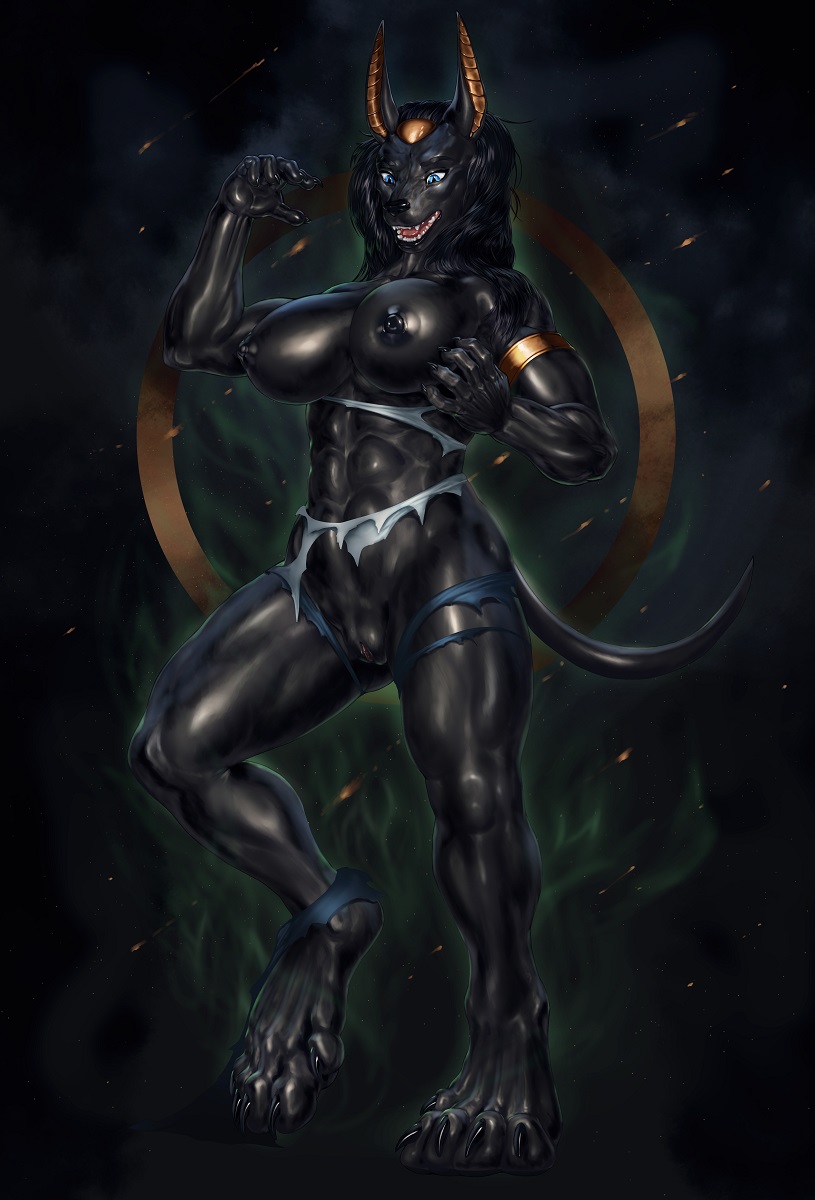 rakisha, 2019, digital media (artwork), hi res, 5 fingers, 5 toes, abs, anthro, areola, black hair, black nipples, black nose, black pussy, black skin, blue eyes, breasts, canid, canine, canis, female, fingers, hair, jackal, mammal, muscular, muscular female, nipples, open mouth, pussy, solo, standing, teeth, toes, tongue, 