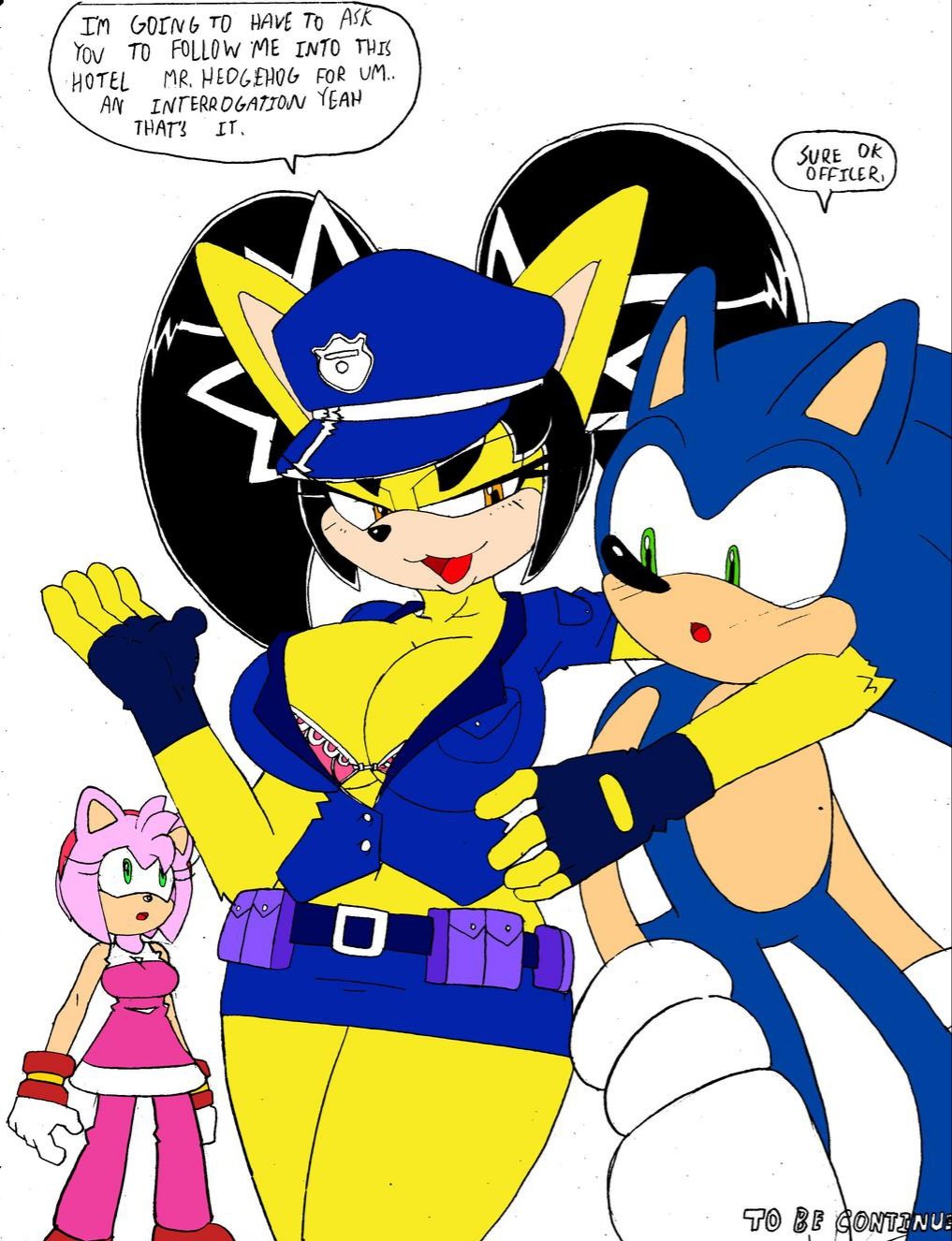 superbunnygt, amy rose, honey the cat, sonic the hedgehog, sonic the fighters, sonic the hedgehog (series), digital media (artwork), hi res, text, :3, anthro, badge, big breasts, black hair, blush, bottomwear, bra, breasts, clothing, domestic cat, duo, eulipotyphlan, felid, feline, felis, female, fur, green eyes, hair, hedgehog, male, male/female, mammal, pink body, police uniform, skirt, underwear, uniform, video games, yellow body, yellow fur, 