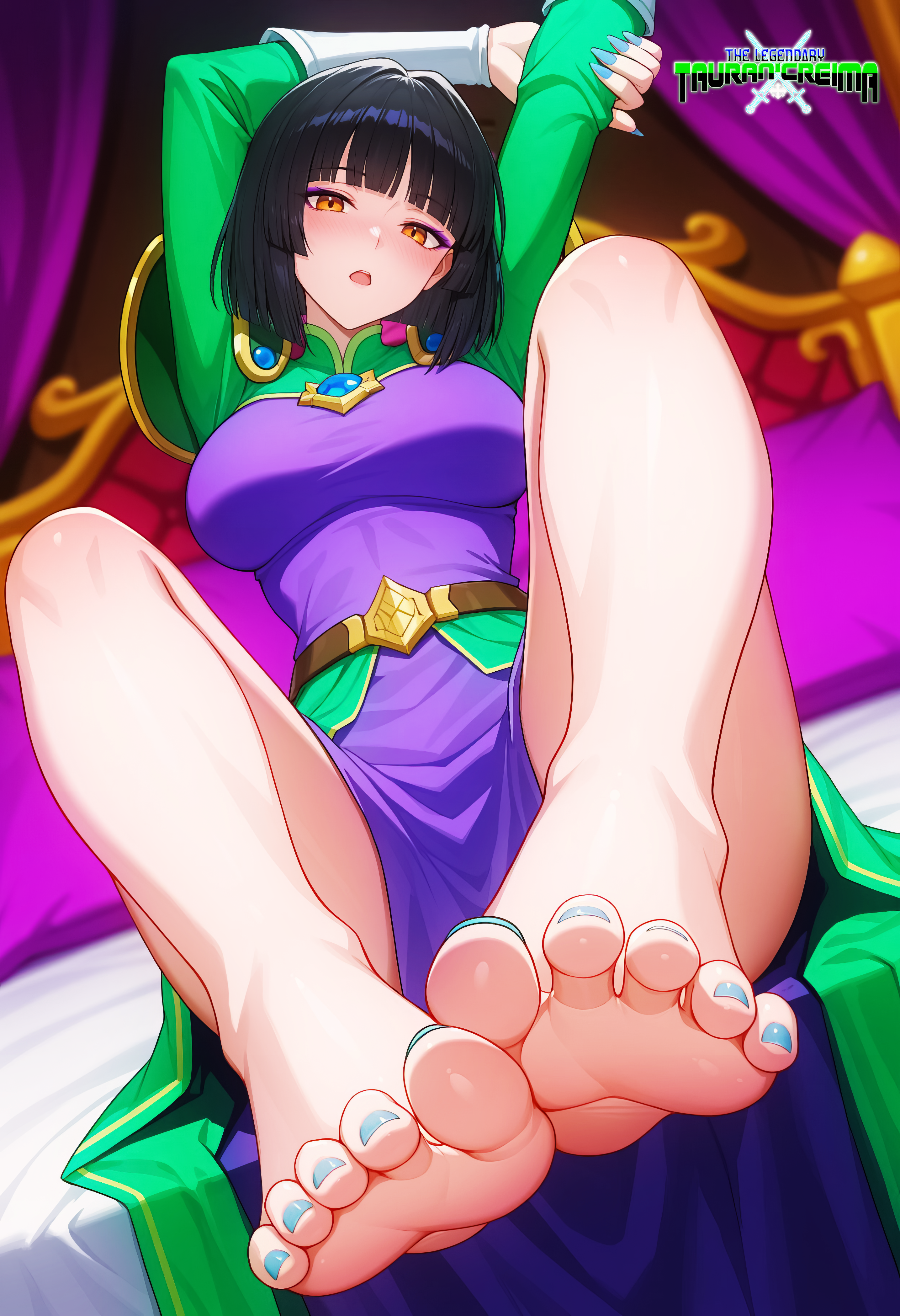 ai_generated bed black_hair blush dress eyebrows_visible_through_hair eyeshadow fair-skinned_female feet female foot_fetish foot_worship highres light-skinned_female logo mature_female mature_woman mayethikayian_(species)_(the_legendary_tauran'creima) orange_eyes original original_character painted_nails palace pale-skinned_female pov_feet room sacredcourage self_upload serenity_addlebeen_(the_legendary_tauran'creima) shadowrealmarts short_hair soles solo_female the_legendary_tauran'creima toes voluptuous_female