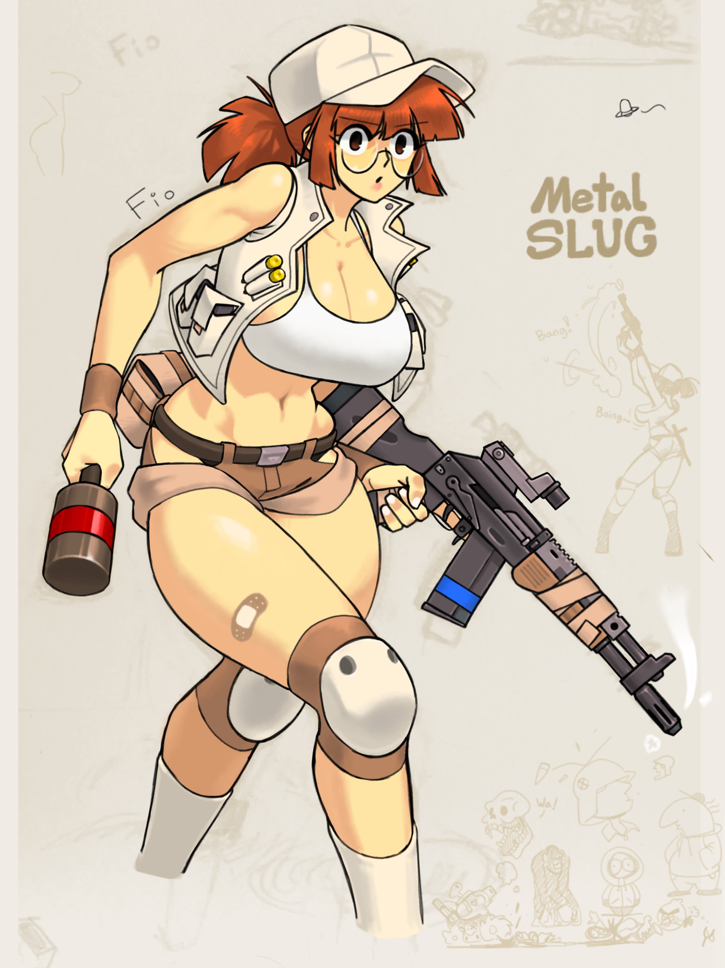 1girls absurd_res adult_swim angry_birds background_characters bandaid baseball_cap belt big_breasts breasts brown_eyes brown_hair cameo charlie_(smiling_friends) clothed comedy_central crop_top crossover emptyskull302 female fio_germi firearm glasses grenade grin gun hat hi_res hip_vent holding holding_weapon hourglass_figure kenny_mccormick knee_pads matching_hair/eyes metal_slug midriff narrow_waist navel ponytail revealing_clothes rifle round_glasses rovio rovio_entertainment short_shorts shorts sky smile smiling_friends snk solo south_park toned toned_female vest weapon