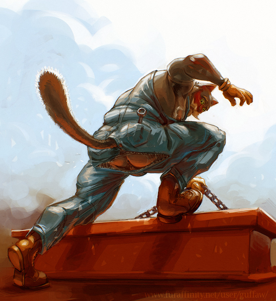 guffaw, digital painting (artwork), anthro, anus, ass, boots, clothed, clothing, facial hair, feline, footwear, leaning, leaning forward, looking back, male, male only, mammal, moustache, muscular, nipples, no underwear, overalls, perineum, rear view, solo, step pose, topless, torn clothing, 