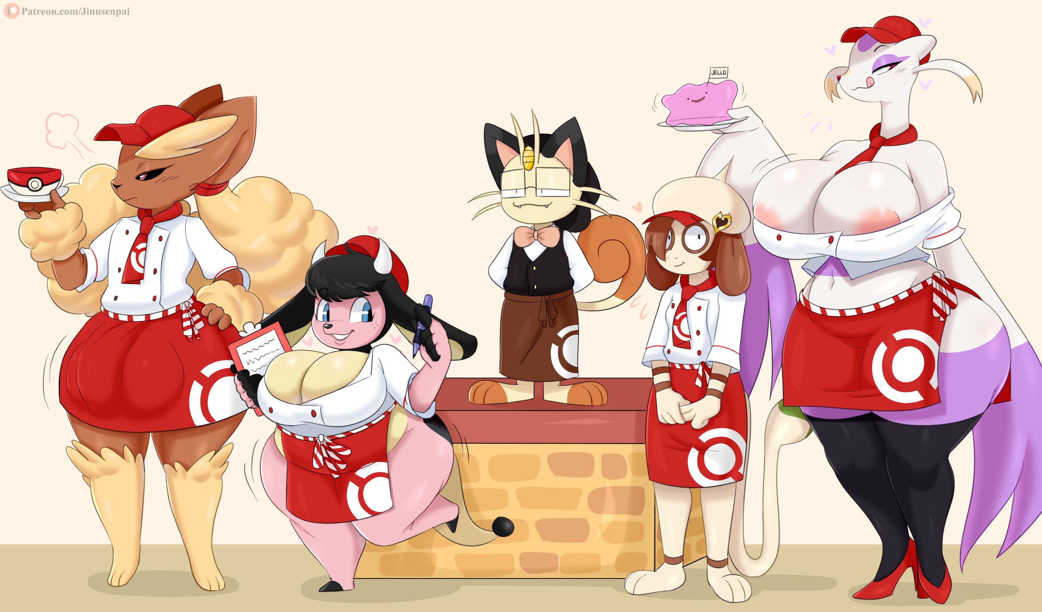 jinu, ditto, lopunny, meowth, mienshao, miltank, smeargle, nintendo, 2020, absurd res, hi res, patreon, text, url, anthro, areola, areola slip, balls outline, big breasts, breasts, bulge, cleavage, clothed, clothing, eyewear, fangs, female, food, genital outline, glasses, group, holding cup, holding food, holding object, horn, jinu (character), licking, licking lips, licking own lips, male, menu, midriff, navel, on one leg, pen, penis outline, pokemon, pokemon cafe mix, self lick, smile, standing, tongue, tongue out, video games, 