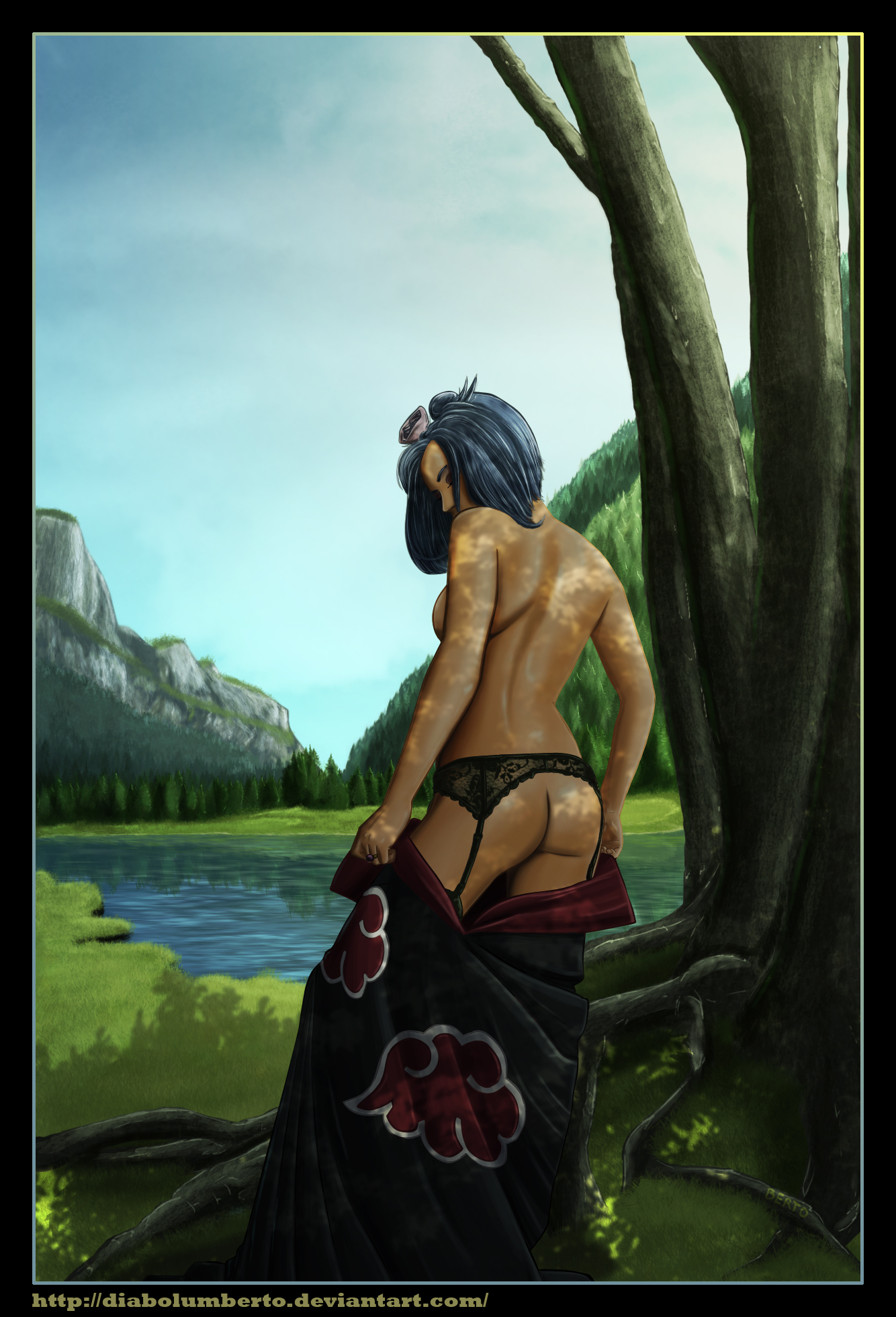 diabolumberto, akatsuki (naruto), konan, naruto, highres, ass, back, bare shoulders, black panties, black thighhighs, blue hair, breasts, female, flower, from behind, garter belt, jewelry, leaves, legs, looking back, nature, outdoors, outside, panties, ring, short hair, sideboob, solo, standing, thighhighs, thighs, topless, tree, undressing, water, 
