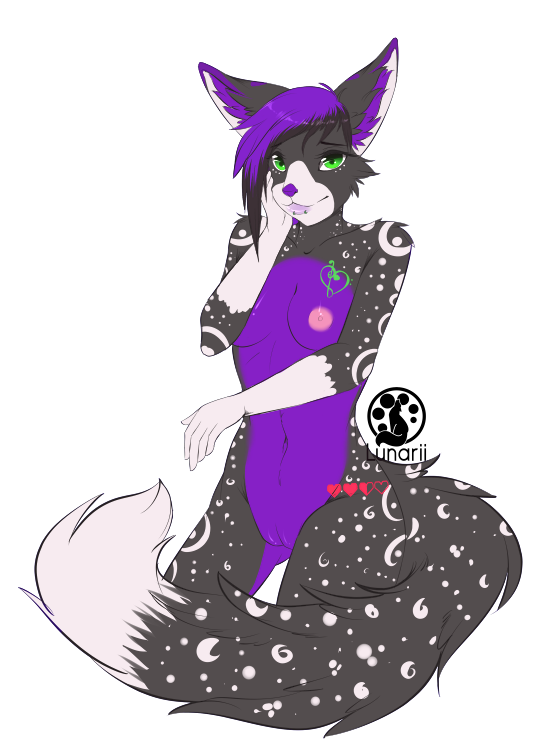lunarii, 2016, simple background, white background, areola, black fur, black hair, breasts, facial piercing, feline, female, fur, green eyes, hair, lip piercing, mammal, multicolored fur, multicolored hair, navel, nipples, nude, piercing, purple fur, purple hair, pussy, solo, standing, tattoo, two tone fur, two tone hair, white markings, 