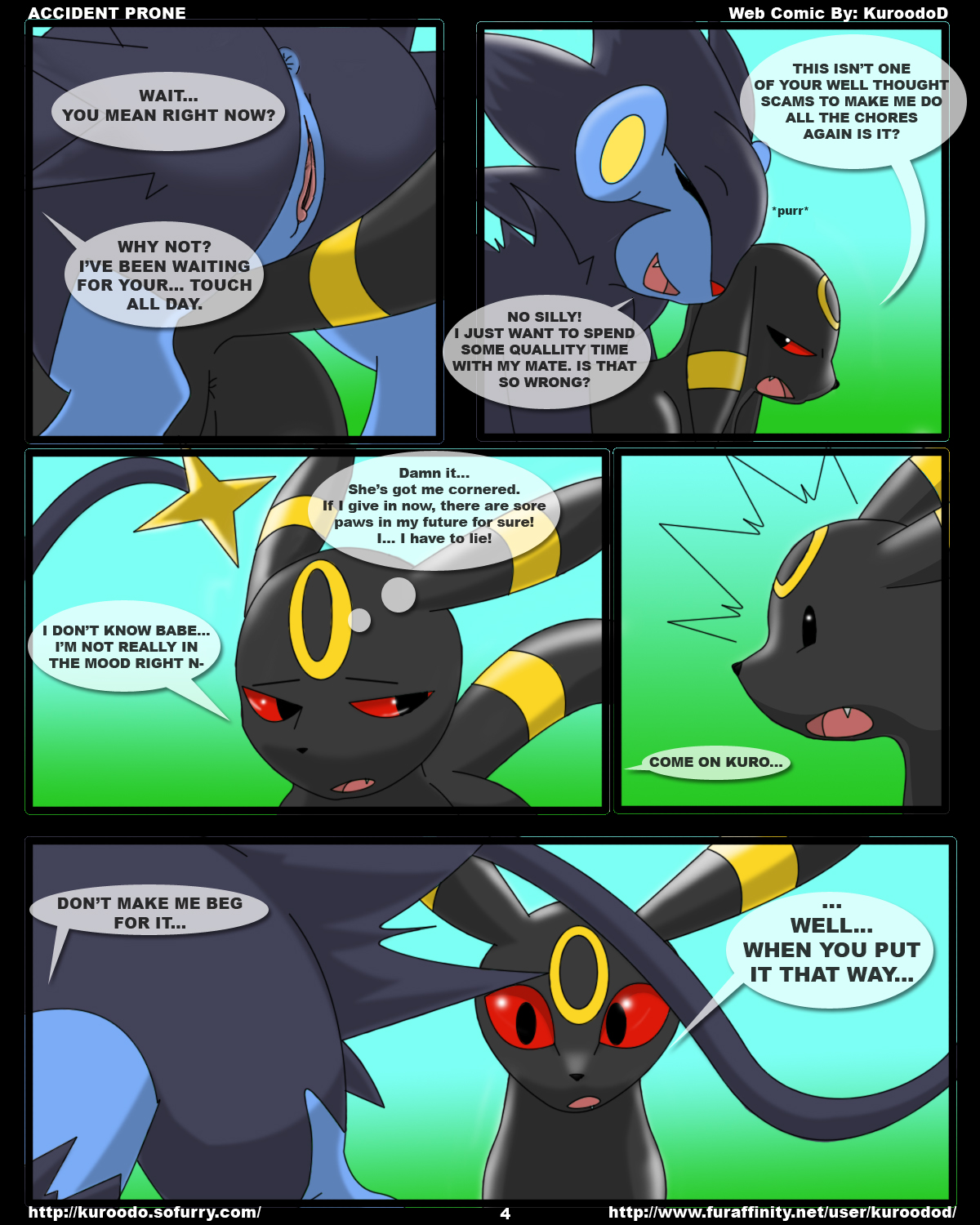 kuroodod, luxray, umbreon, nintendo, 2011, comic, english text, hi res, speech bubble, text, thought bubble, anus, ass, black eyes, clitoris, closed eyes, dialog, duo, feline, female, feral, half-closed eyes, inviting, larger female, male, mammal, open mouth, pokemon, presenting, presenting hindquarters, pussy, red sclera, size difference, smaller male, smile, straight, teeth, tongue, video games, 