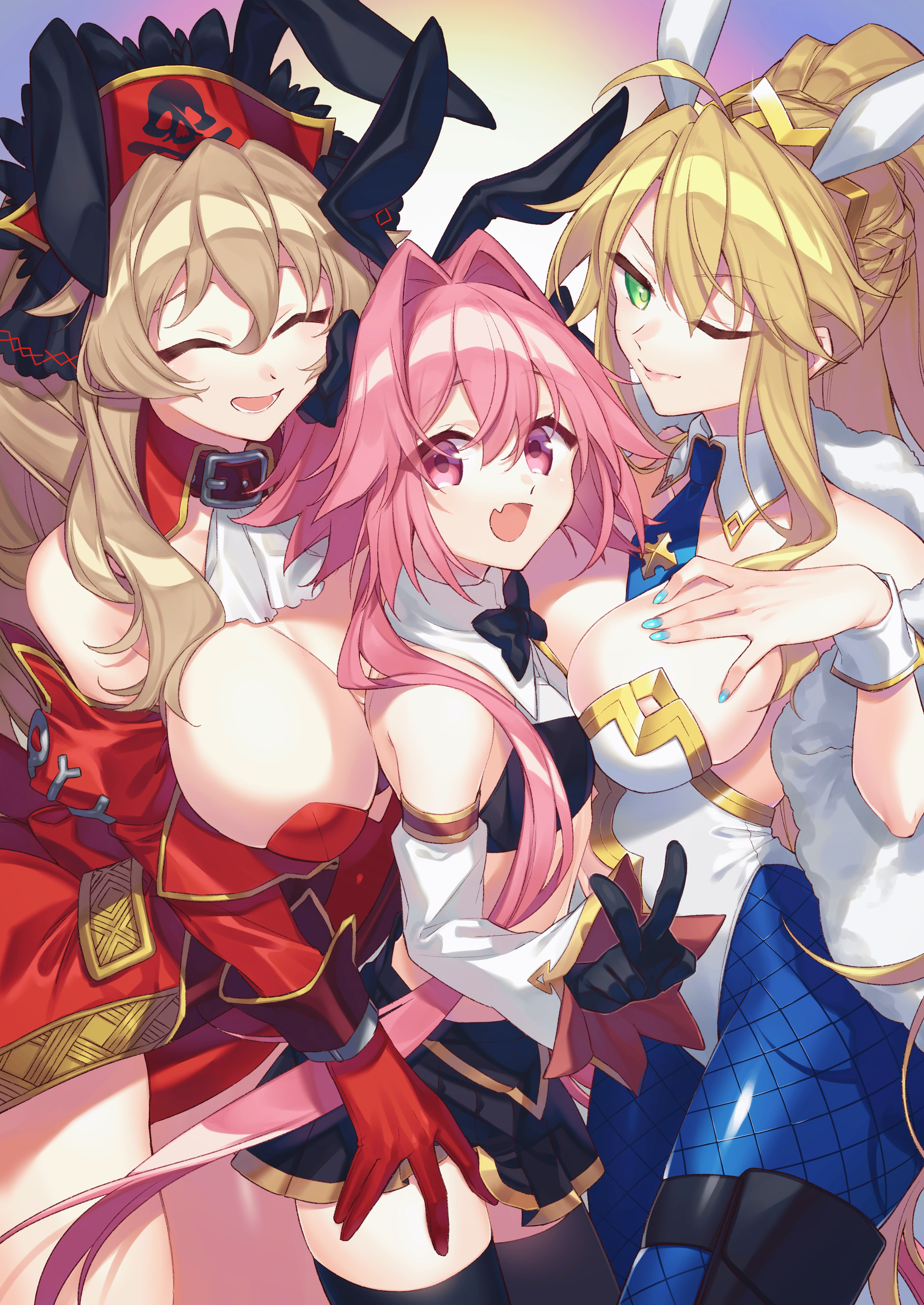citron 82, anne bonny (fate/grand order), artoria pendragon, astolfo (fate), astolfo (saber) (fate), fate/grand order, fate (series), 2020, absurd res, highres, 1boy, 2girls, :d, ^ ^, ahoge, animal ears, anne bonny (swimsuit archer) (fate), artoria pendragon (swimsuit ruler), bare shoulders, black gloves, blonde hair, blue nails, bow, bowtie, breast suppress, breasts, brown hair, bunny boy, bunny ears, bunny girl, bunnysuit, cleavage, closed eyes, clothed, clothing, collar, crop top, crossdressing, detached collar, detached sleeves, elbow gloves, eyebrows visible through hair, fake animal ears, fangs, feather boa, feathers, female, femboy, fishnet pantyhose, fishnets, girl sandwich, gloves, green eyes, hair between eyes, hand on chest, hand on thigh, jewelry, large breasts, long hair, long ponytail, looking at viewer, male, matching hair/eyes, midriff, miniskirt, multiple girls, nail polish, necktie, one eye closed, open mouth, pantyhose, pink eyes, pink hair, pirate hat, pleated skirt, ponytail, red gloves, revealing clothes, sandwiched, shirt, skirt, sleeveless, sleeveless shirt, smile, standing, teeth, thick thighs, thighhighs, thighs, tiara, tied hair, tongue, trap, v, very long hair, wink, wrist cuffs, zettai ryouiki, 