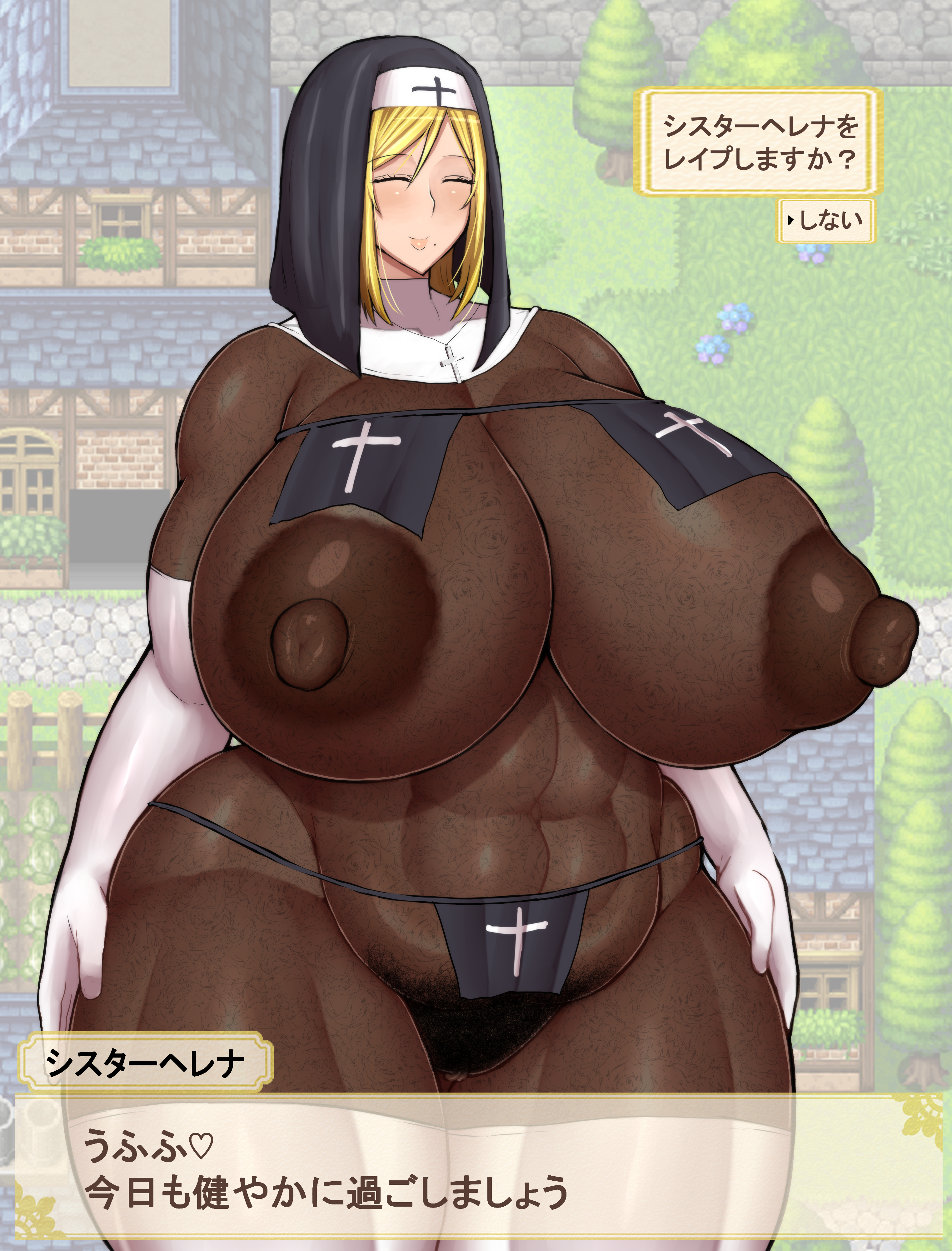 1female 1girl 1girls abs arm_gloves armwear barely_clothed barely_covered biceps big_nipples black_pubic_hair blonde blonde_female blonde_hair blonde_hair_female bodysuit breast_curtains breasts breasts_bigger_than_head breasts_bigger_than_torso brown_areola brown_areolae brown_nipples bushy_pubes closed_eyes cross_necklace dark_areola dark_areolae dark_nipples enormous_breasts enormous_thighs eyes_closed facing_viewer fat_breasts female female_focus female_only female_pubic_hair gigantic_areola gigantic_areolae gigantic_breasts gigantic_thighs hairy_pussy huge_areola huge_areolae huge_breasts huge_nipples huge_thighs huge_tits ineffective_clothing japanese_language japanese_text large_areola large_areolae large_breasts large_nipples large_thighs large_tits legwear loincloth looking_at_viewer massive_areolae massive_breasts massive_nipples massive_thighs massive_tits mole mole_(marking) mole_under_mouth mostly_nude mostly_nude_female musclegut muscular muscular_legs muscular_thighs nun nun's_habit nun_habit nun_hat nun_outfit oc original original_character outdoor_nudity outdoors outdoors_nudity outside partially_clothed partially_clothed_female plump plump_breasts pointless_clothing ponkotsuu pubes pubes_exposed pubic pubic_hair pubic_hair_peek pubic_mound puffy_areola puffy_areolae puffy_nipples pussy pussy_hair revealing revealing_clothes revealing_clothing revealing_outfit see-through see-through_clothes see-through_clothing sister_helena_(ponkotsuu) skimpy skimpy_clothes skimpy_outfit skin_tight skin_tight_outfit skin_tight_suit skintight skintight_bodysuit skintight_clothing skintight_suit smile smile_at_viewer smiling smiling_at_viewer solo solo_female solo_focus standing standing_position staring staring_at_viewer stockings text thick thick_breasts thick_female thick_thighs thigh_highs thighhighs thighs_bigger_than_head thighs_bigger_than_torso thunder_thighs thunderthighs tight_clothes tight_clothing tight_fit tights toned_legs translation_request transparent transparent_clothing undersized_clothes useless_clothing variant variant_set voluptuous voluptuous_body voluptuous_female wardrobe_malfunction white_armwear white_legwear white_stockings white_thigh_highs white_thighhighs