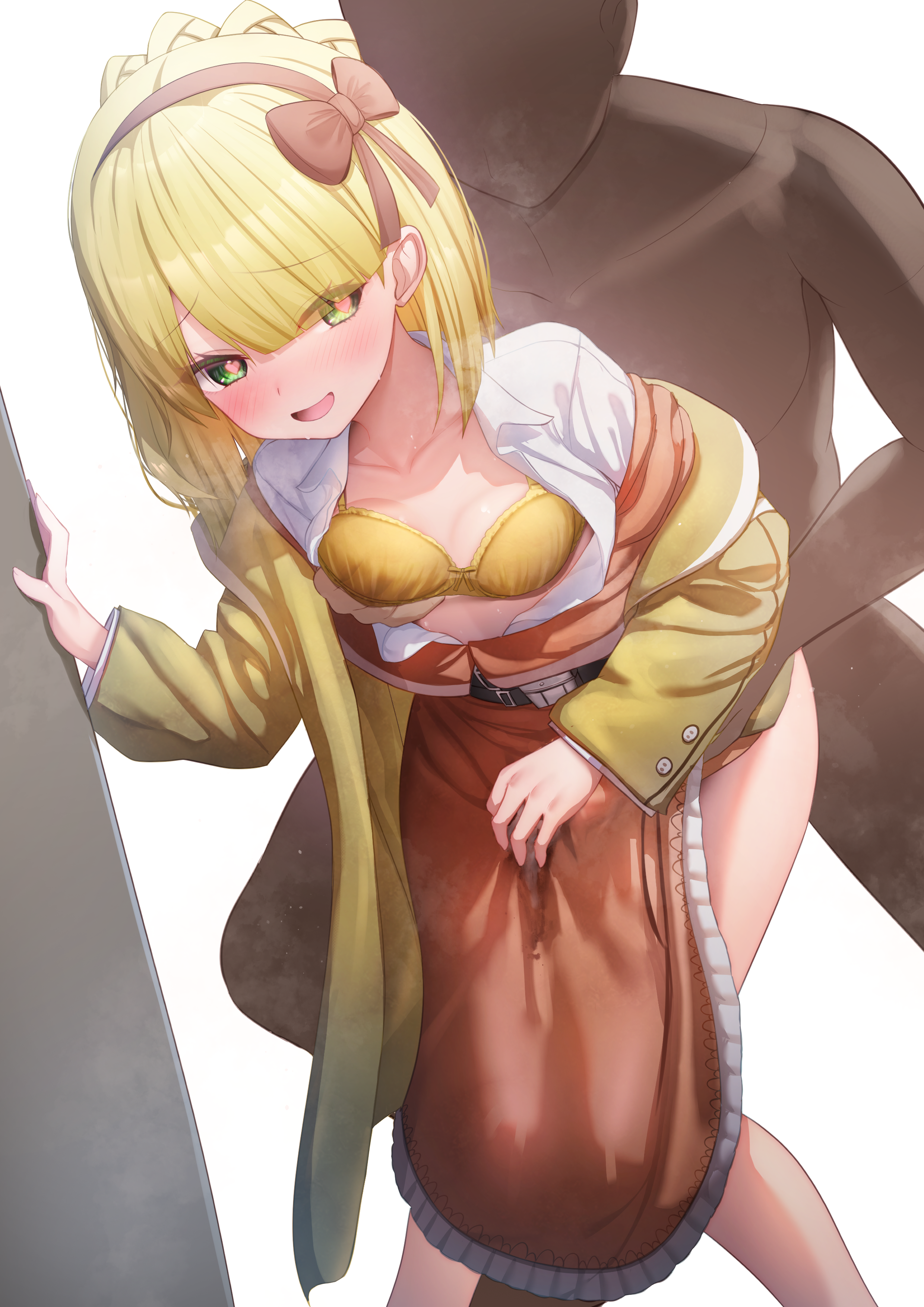 1boy absurdres blonde_hair bra bra_pull braid clothes_pull coat collared_shirt commission commissioner_upload crown_braid cum cum_on_clothes disheveled dress female from_behind green_eyes groping hairband heart heart-shaped_pupils highres holding implied_sex jacket john_ruina library_of_ruina long_sleeves male non-web_source open_clothes open_mouth orange_dress orange_hairband project_moon shirt short_hair simple_background skirt smile steaming_body symbol-shaped_pupils thighs tiphereth_(lobotomy_corporation) tiphereth_a_(project_moon) unbuttoned underwear west_24 white_background white_shirt yellow_bra yellow_coat