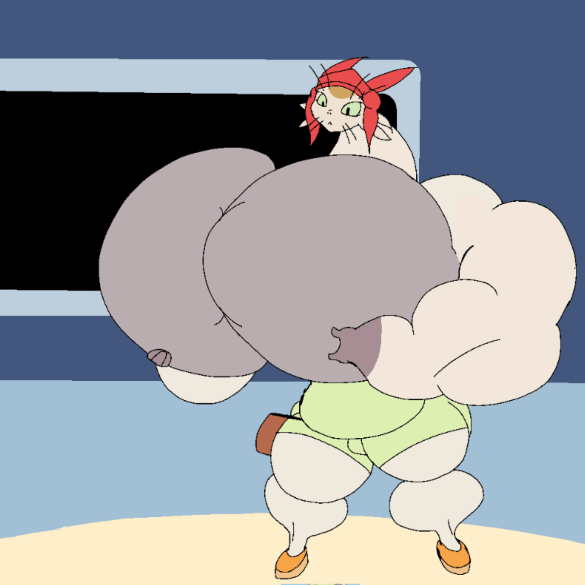 1boy animated anthro blush breasts busty_male caught_in_the_act colored feline furry gif grabbing_own_pecs hugging_own_pecs hyper_pecs male male_only male_with_breasts meow_(space_dandy) motorboating motorboating_self muscular muscular_arms muscular_legs muscular_male pecs pecs_bigger_than_head space_dandy spyrobiffy tagme top_heavy top_heavy_male