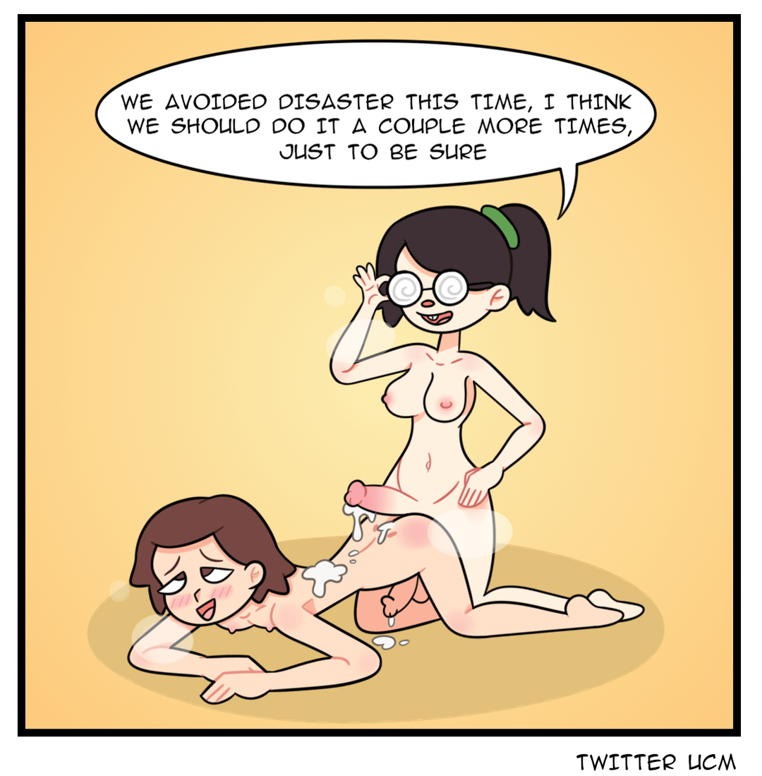 1boy 1futa after_sex chaos_milkshake_(artist) cum cum_inside futa_on_male futanari glasses intersex male nerd ponytail unluckychaosmilk_(artist)