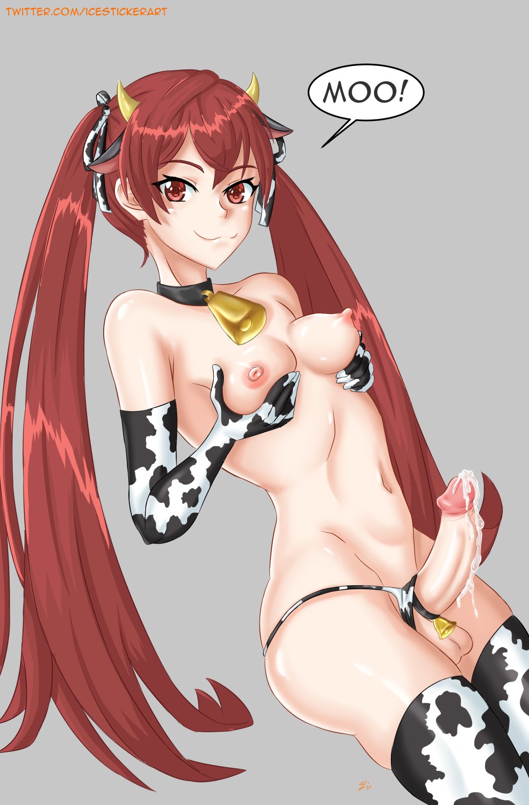 icesticker, severa, severa (fire emblem), fire emblem, fire emblem: awakening, nintendo, 1futa, :3, animal ears, areolae, balls, bare thighs, bell, bell collar, breasts, cock ring, cow girl, cow print, cum, cum on penis, elbow gloves, futa only, futanari, gloves, holding own breast, human, long hair, looking at viewer, medium breasts, nipples, pale skin, penis, red eyes, red hair, sitting, skindentation, smile, solo, thighhighs, twintails, year of the ox, 
