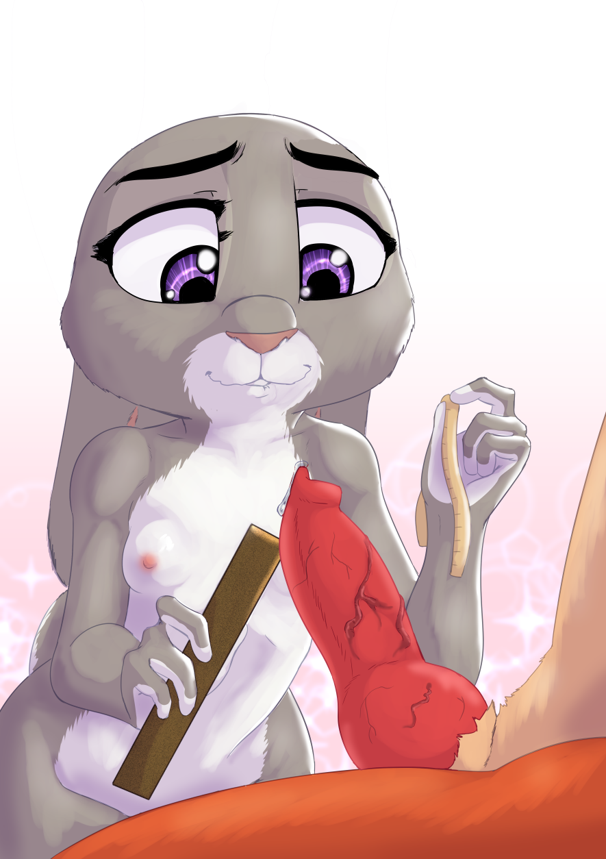 akiric, judy hopps, nick wilde, disney, zootopia, 2019, hi res, simple background, white background, animal genitalia, animal penis, anthro, bite, biting lip, bodily fluids, breasts, canid, canine, canine penis, erection, female, genital fluids, holding object, interspecies, knot, lagomorph, leporid, male, mammal, nipples, nude, penis, precum, predator/prey, purple eyes, rabbit, ruler, small breasts, straight, tape measure, vein, veiny penis, 